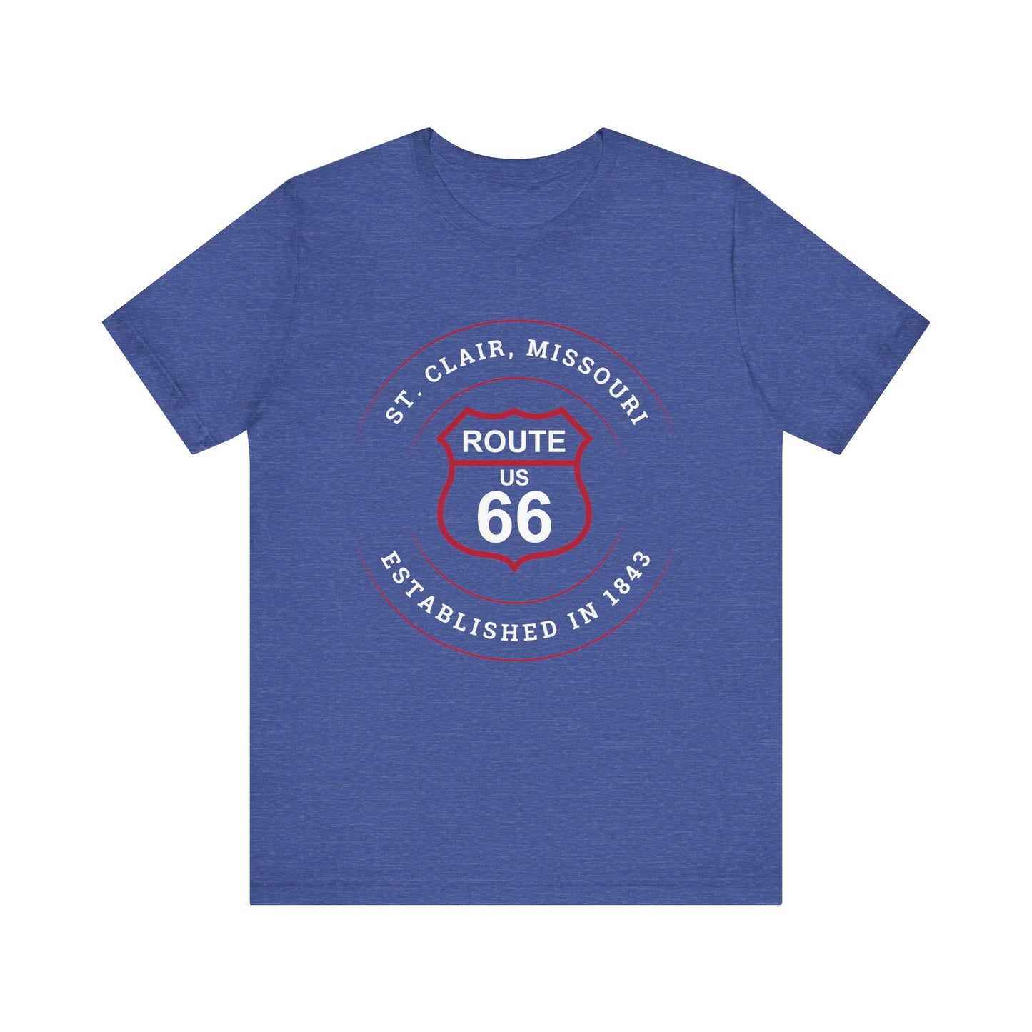 Heather true royal retro Route 66 unisex jersey tee with St. Clair, MO: "Established in 1843" design