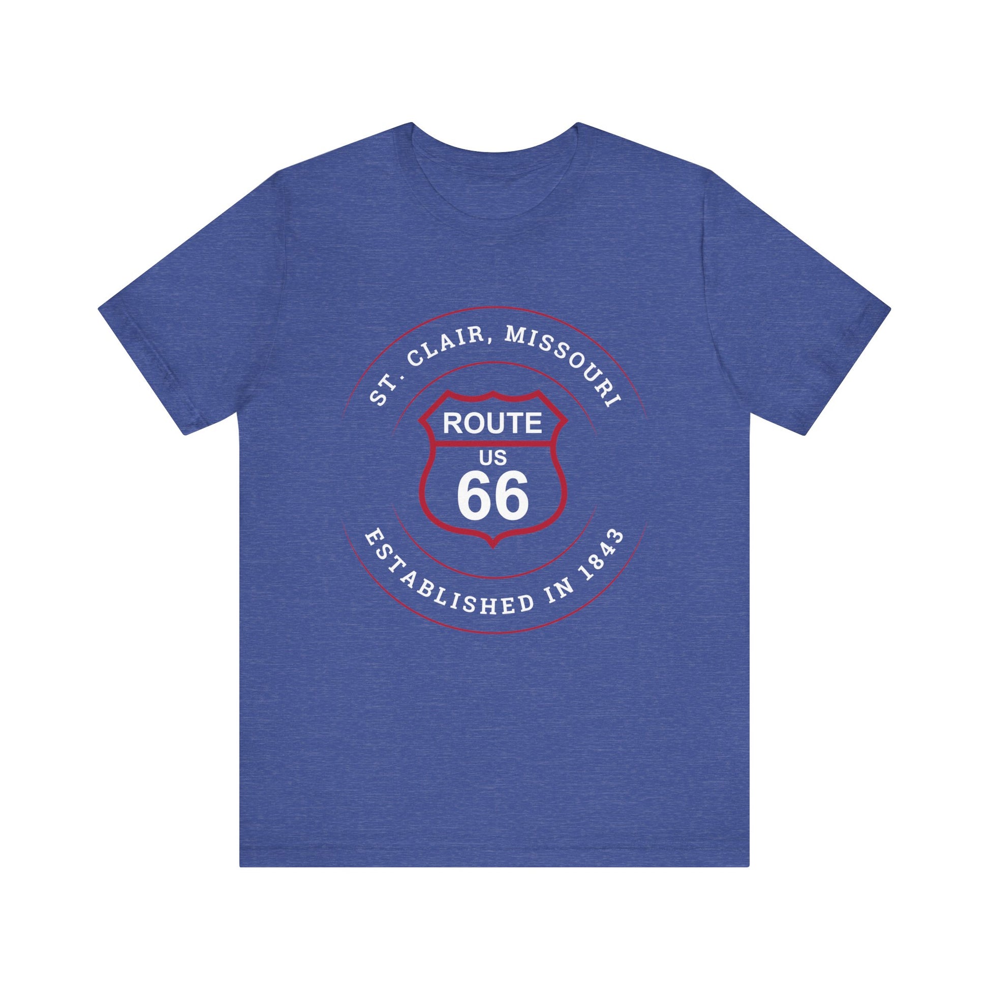 Heather true royal retro Route 66 unisex jersey tee with St. Clair, MO: "Established in 1843" design