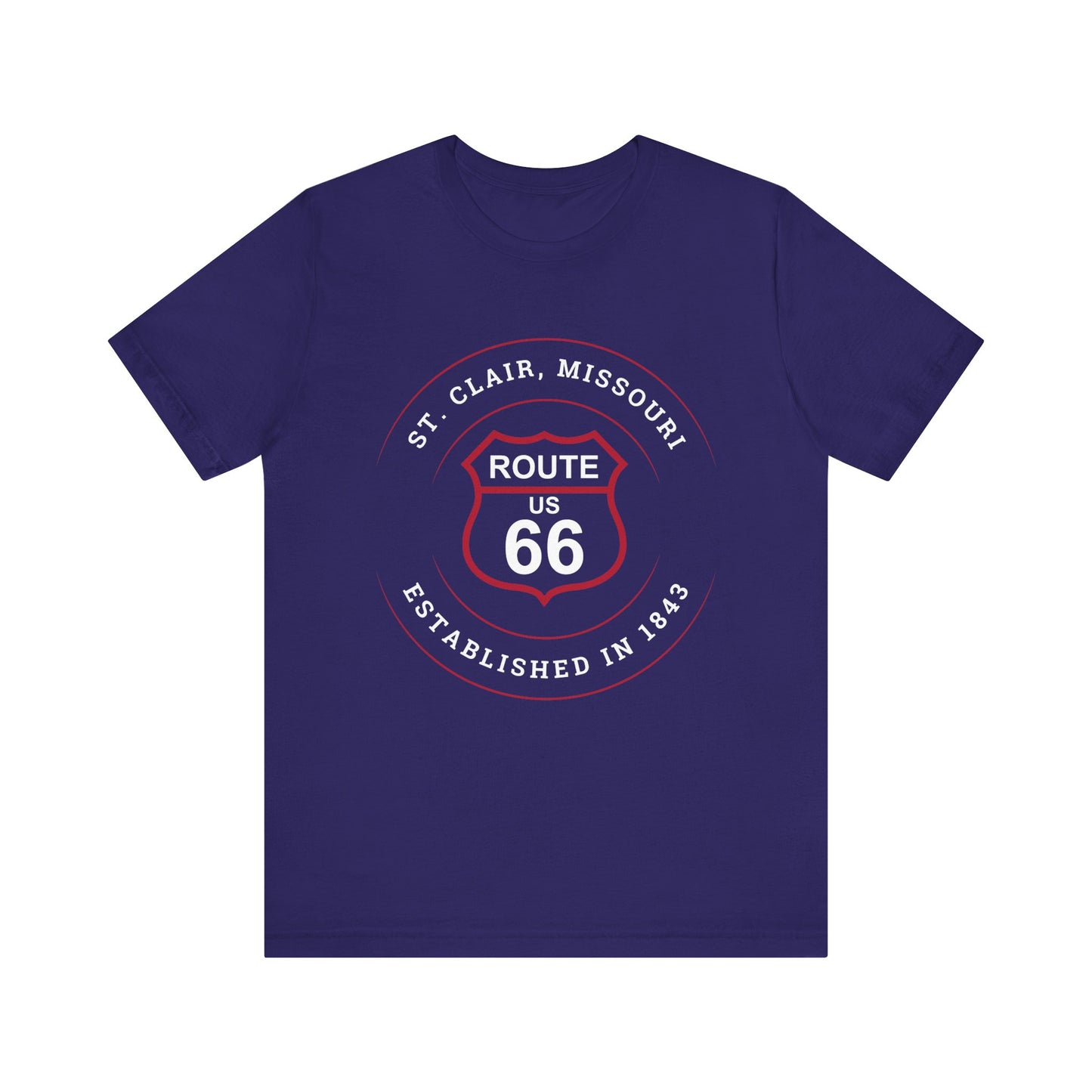 Team navy retro Route 66 unisex jersey tee with St. Clair, MO: "Established in 1843" design