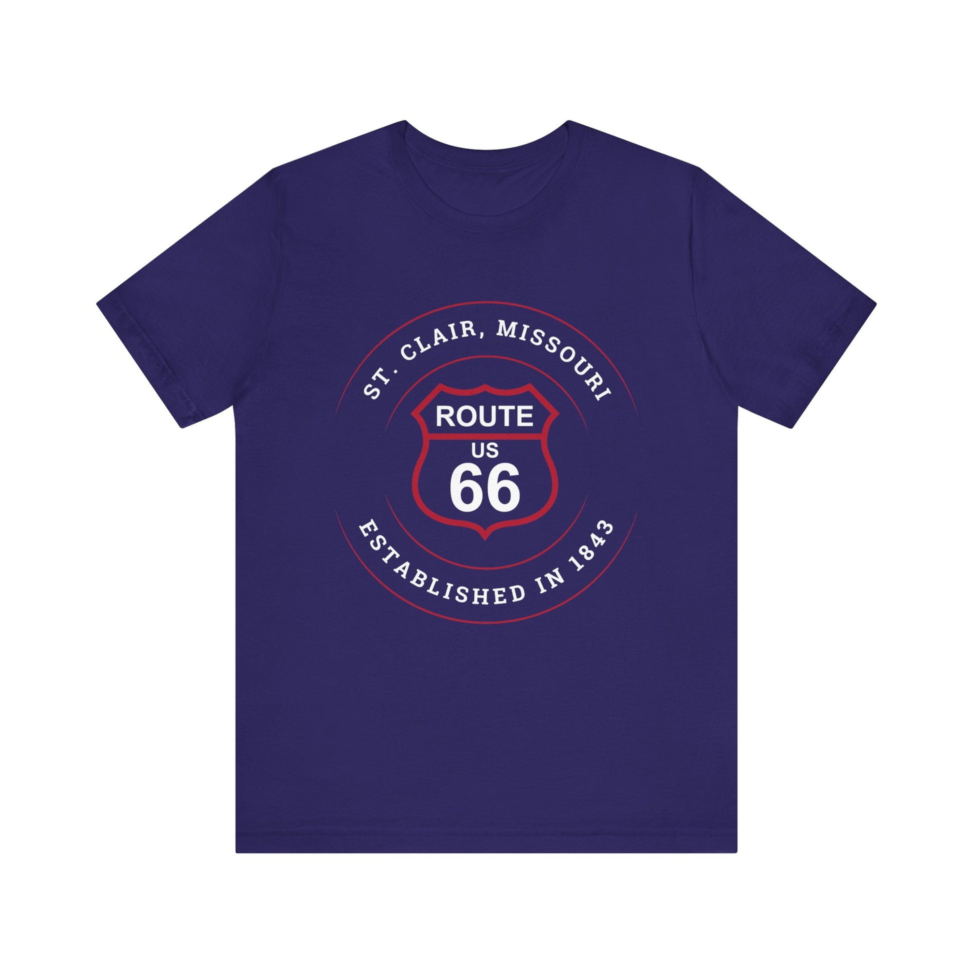 Team navy retro Route 66 unisex jersey tee with St. Clair, MO: "Established in 1843" design