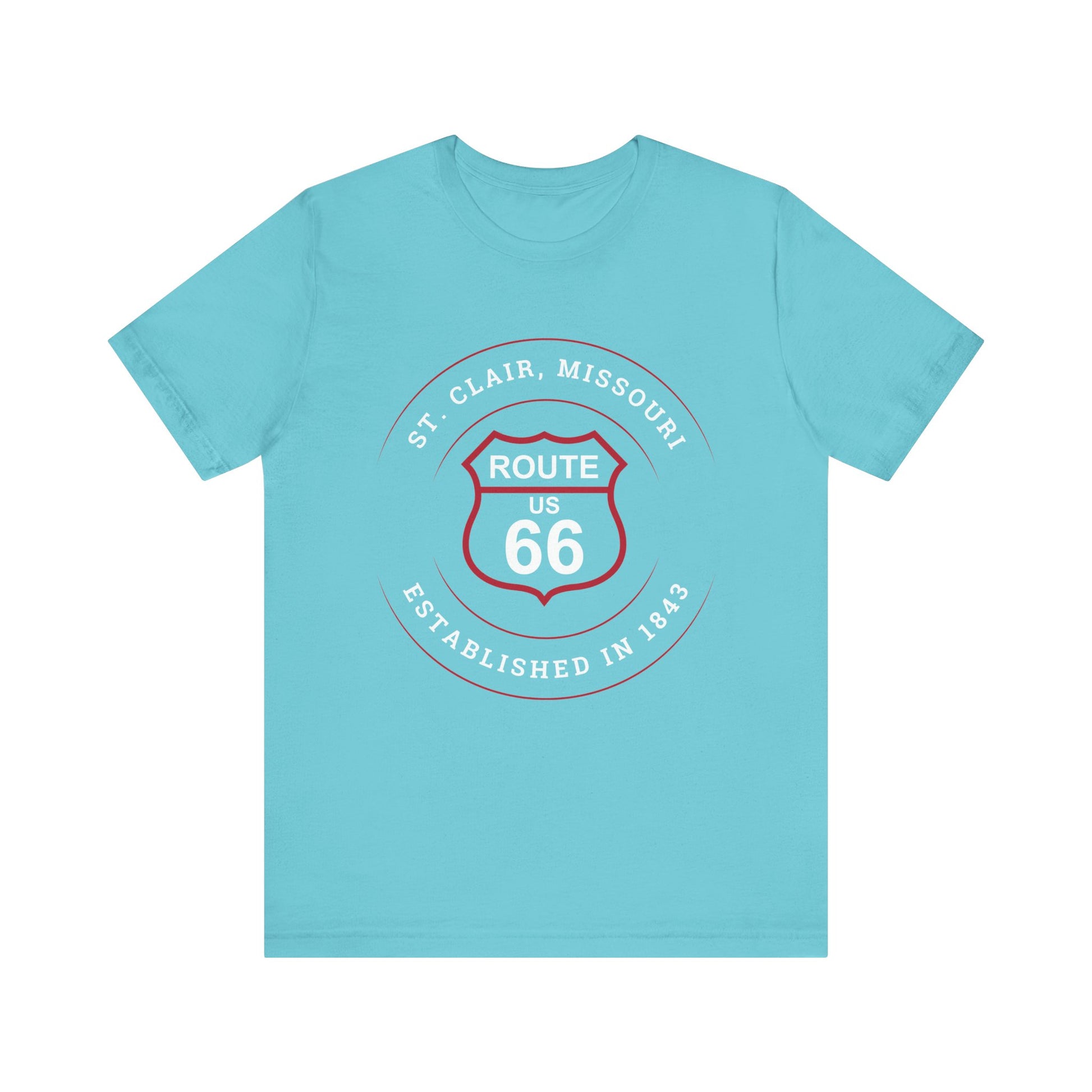 Turquoise retro Route 66 unisex jersey tee with St. Clair, MO: "Established in 1843" design