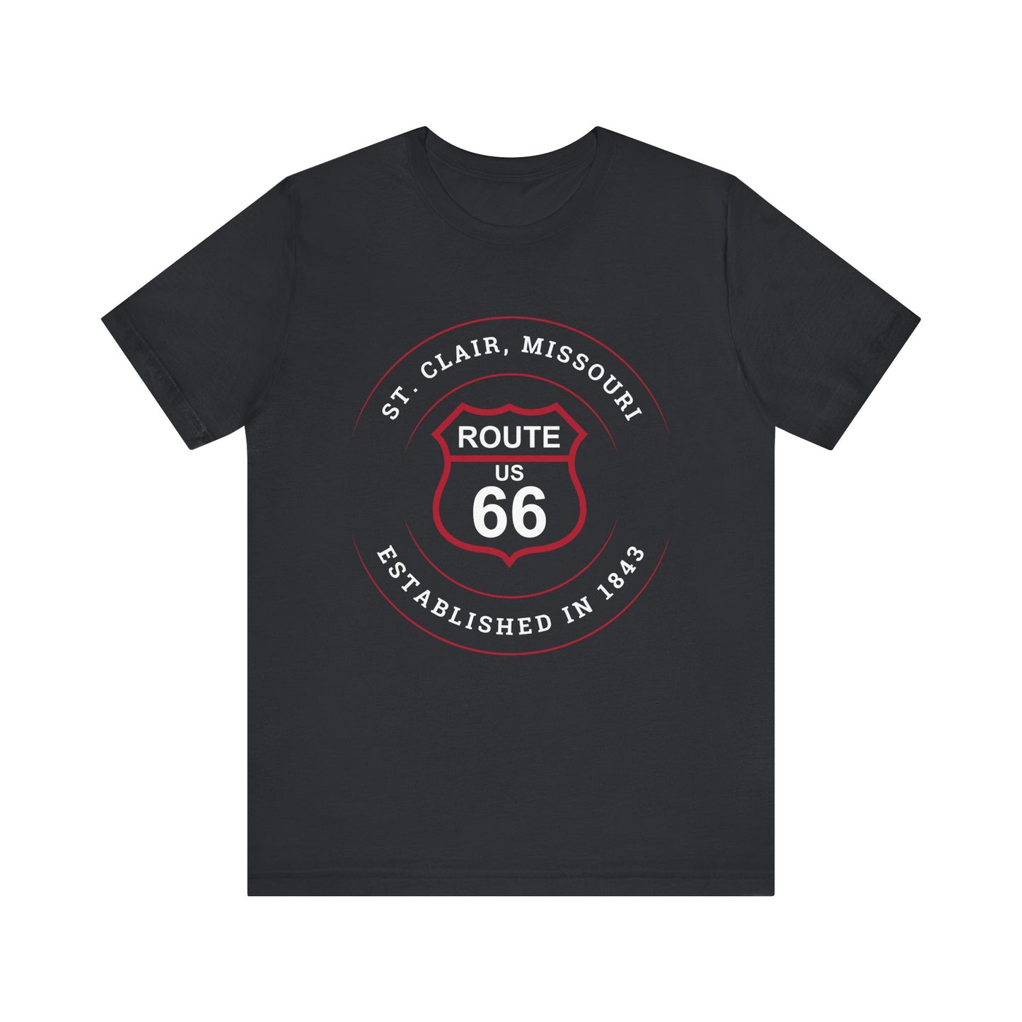 Vintage black retro Route 66 unisex jersey tee with St. Clair, MO: "Established in 1843" design
