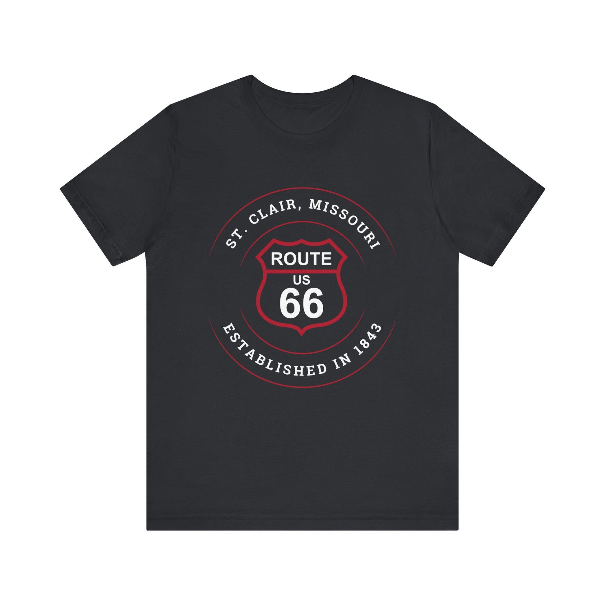 Vintage black retro Route 66 unisex jersey tee with St. Clair, MO: "Established in 1843" design