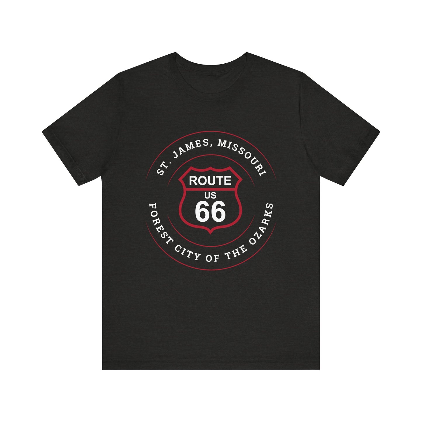 Black heather retro Route 66 unisex jersey tee with St. James, MO: "Forest City of the Ozarks" design