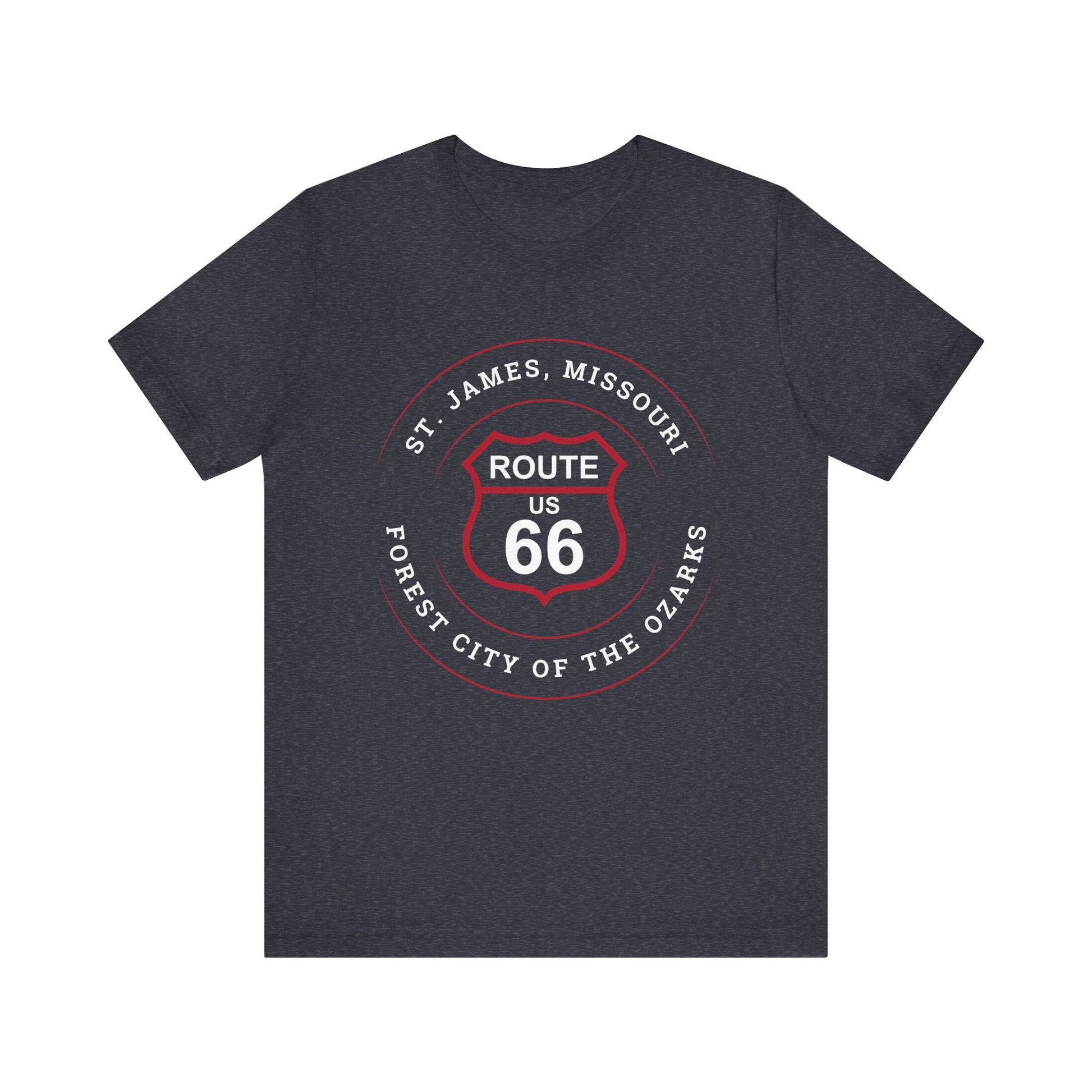 Dark grey heather retro Route 66 unisex jersey tee with St. James, MO: "Forest City of the Ozarks" design