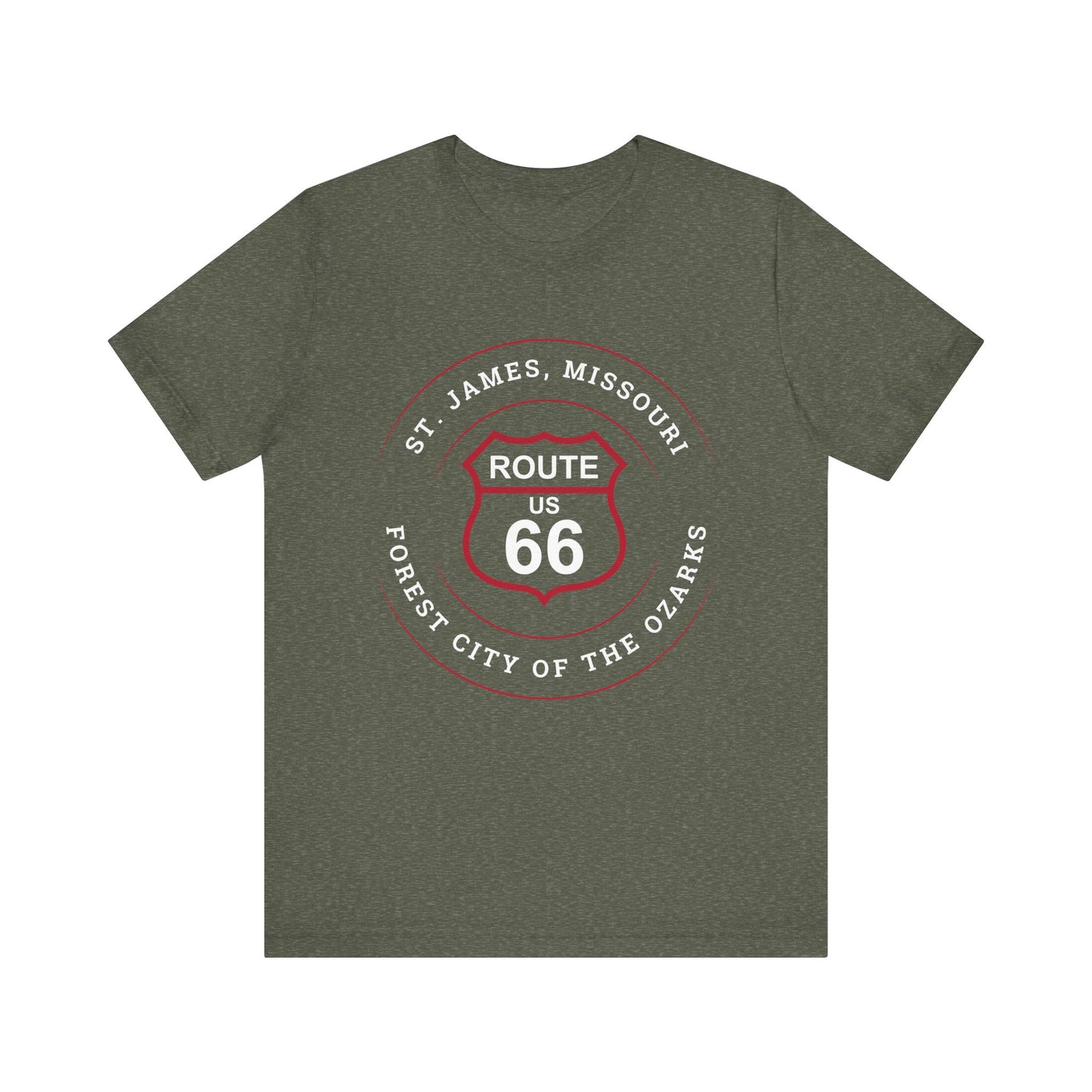 Heather military green retro Route 66 unisex jersey tee with St. James, MO: "Forest City of the Ozarks" design