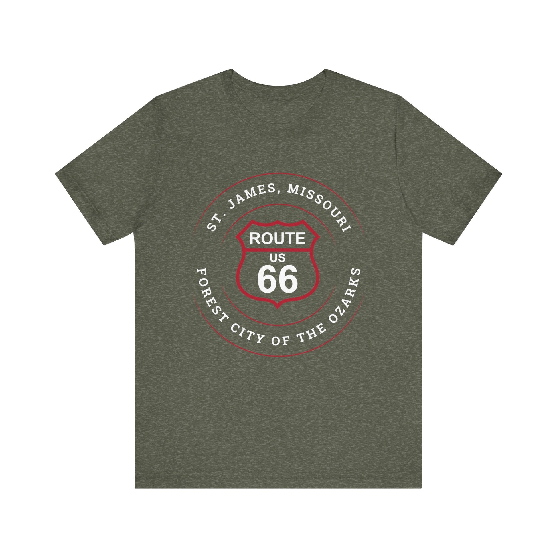 Heather military green retro Route 66 unisex jersey tee with St. James, MO: "Forest City of the Ozarks" design