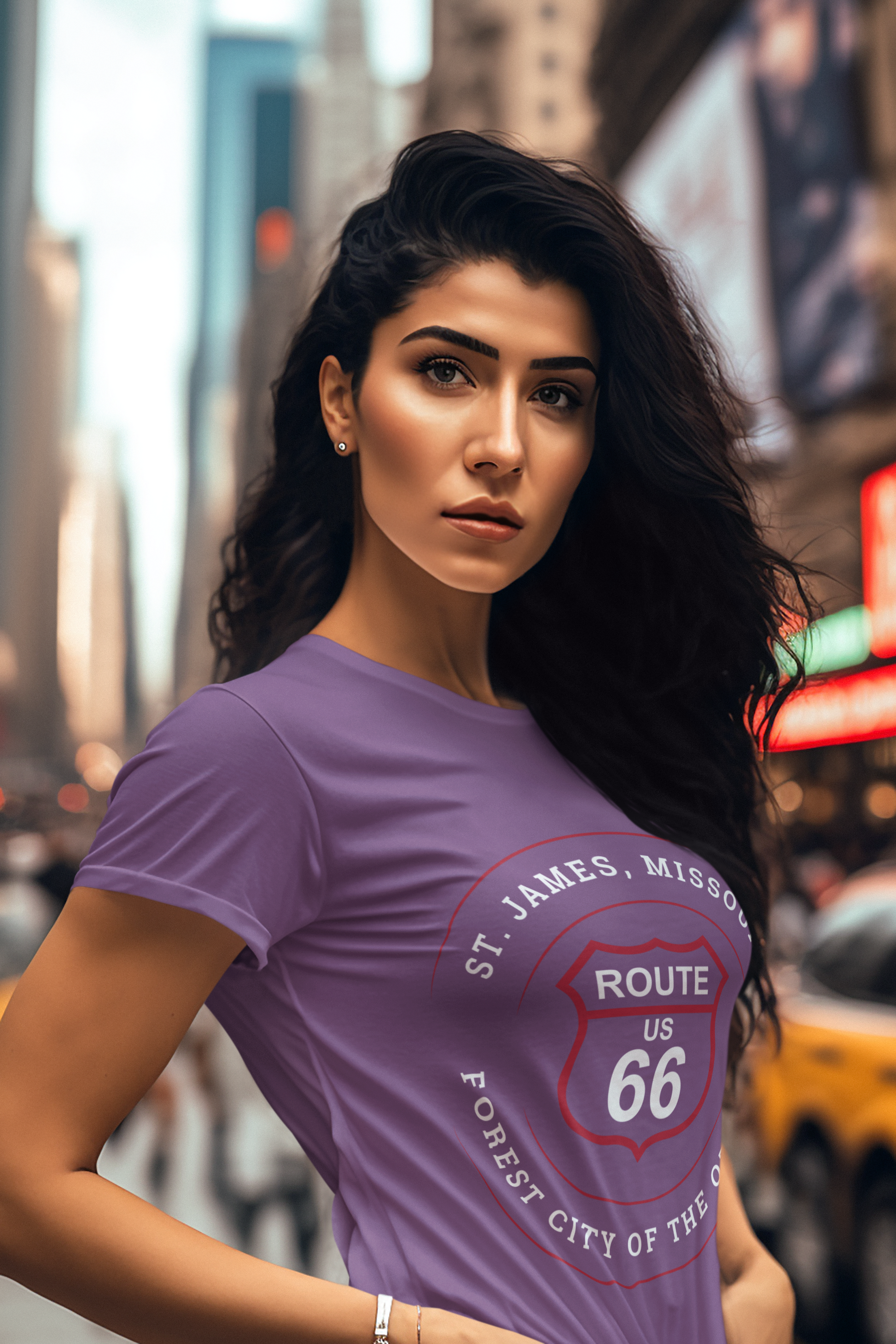 Female model wearing a heather team purple retro Route 66 unisex jersey tee with a St. James, MO: "Forest City of the Ozarks" design