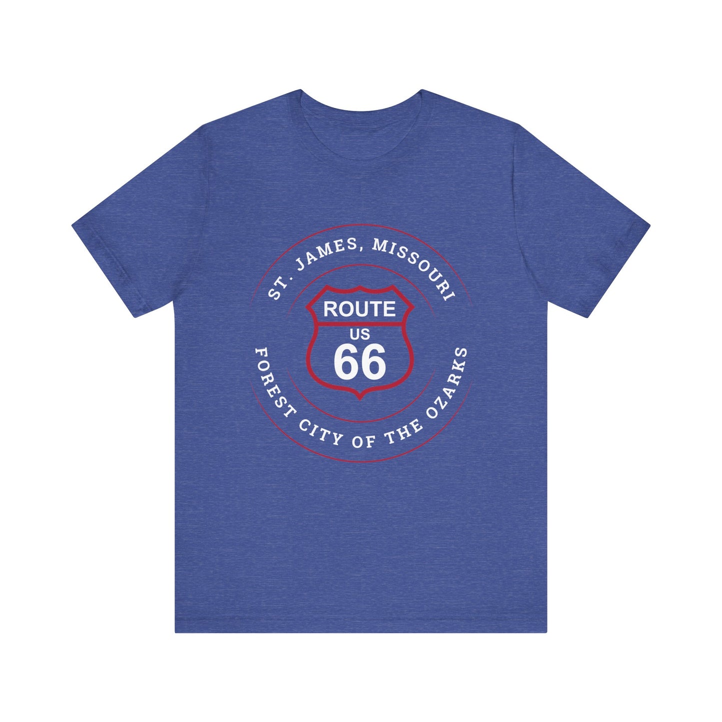 Heather true royal retro Route 66 unisex jersey tee with St. James, MO: "Forest City of the Ozarks" design