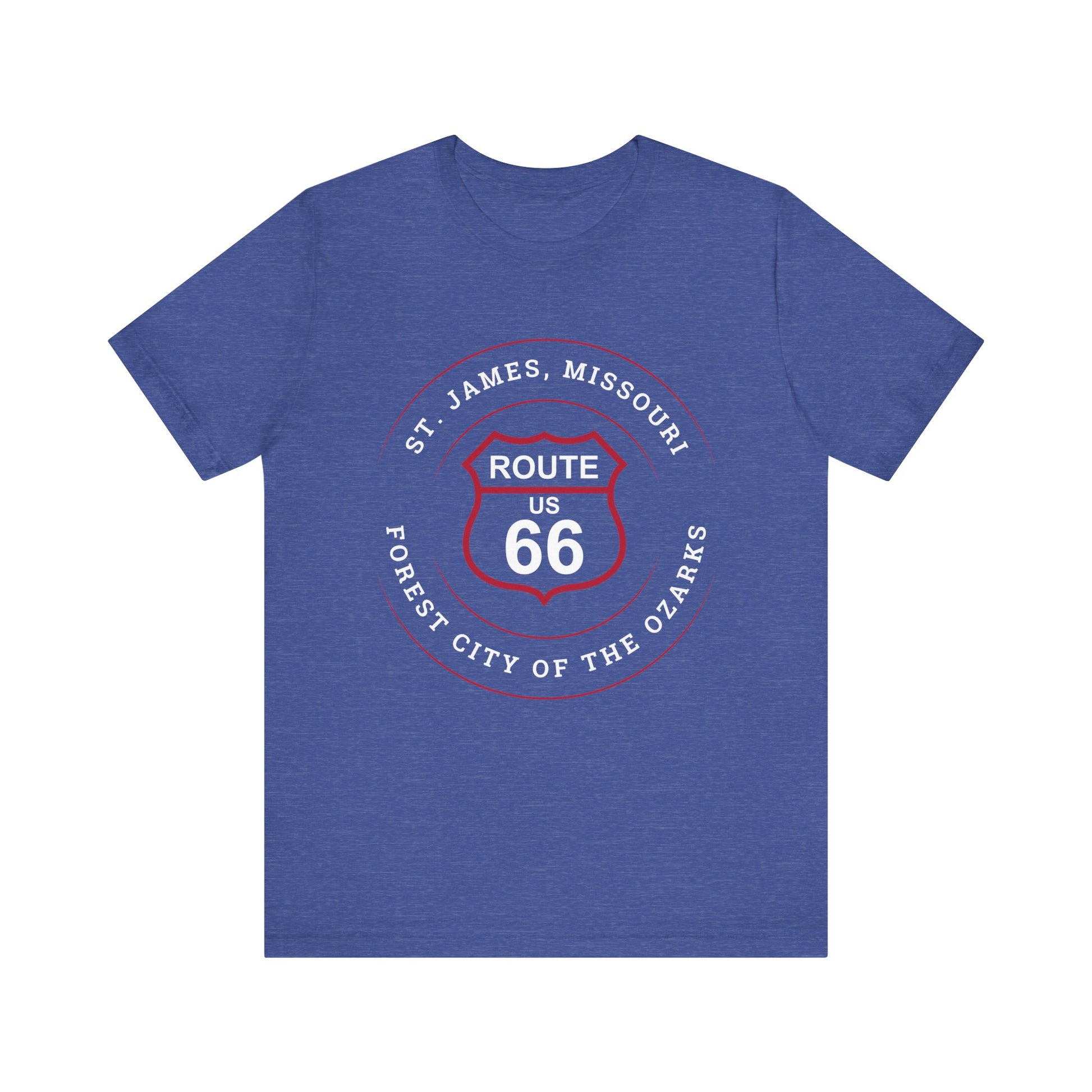Heather true royal retro Route 66 unisex jersey tee with St. James, MO: "Forest City of the Ozarks" design