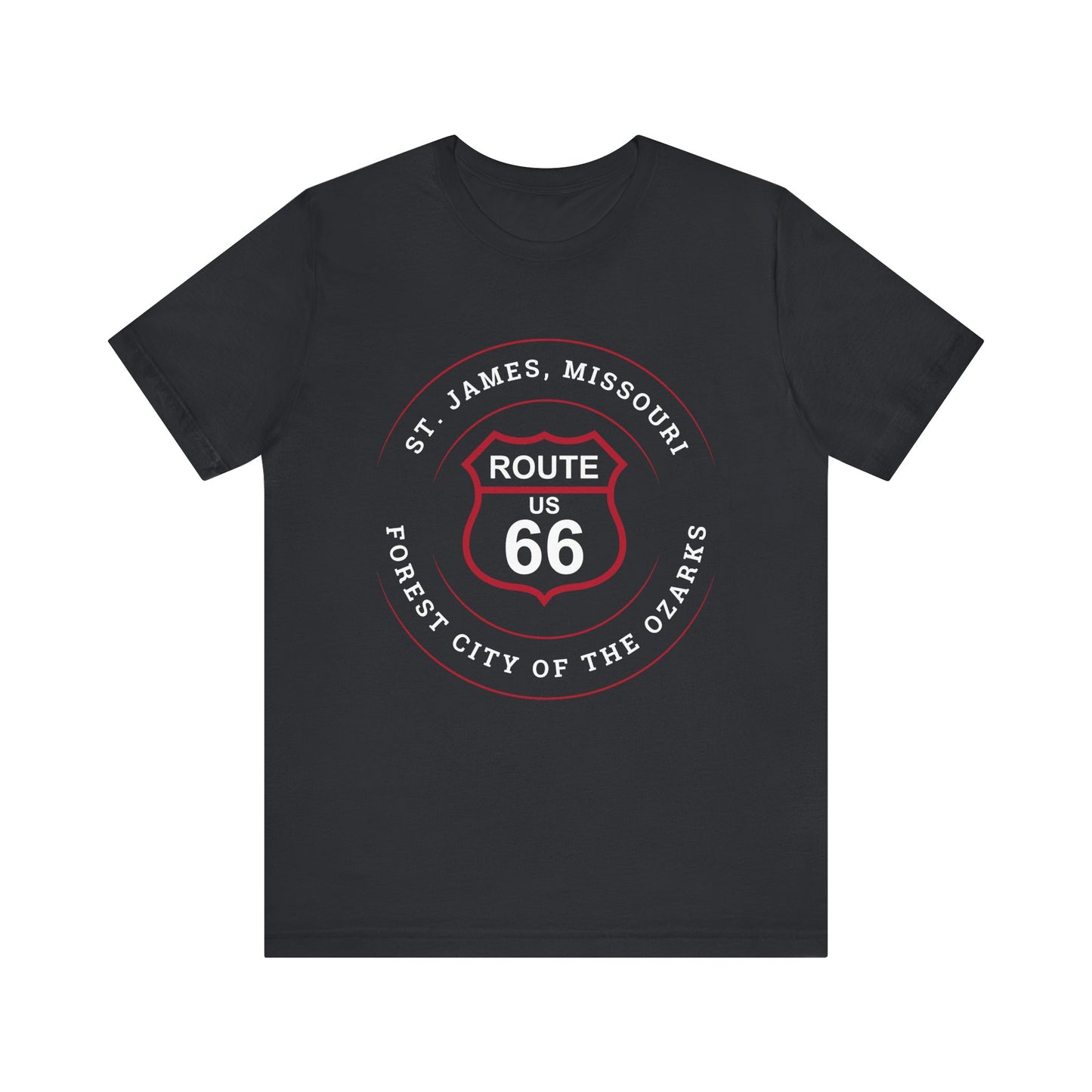Vintage black retro Route 66 unisex jersey tee with St. James, MO: "Forest City of the Ozarks" design