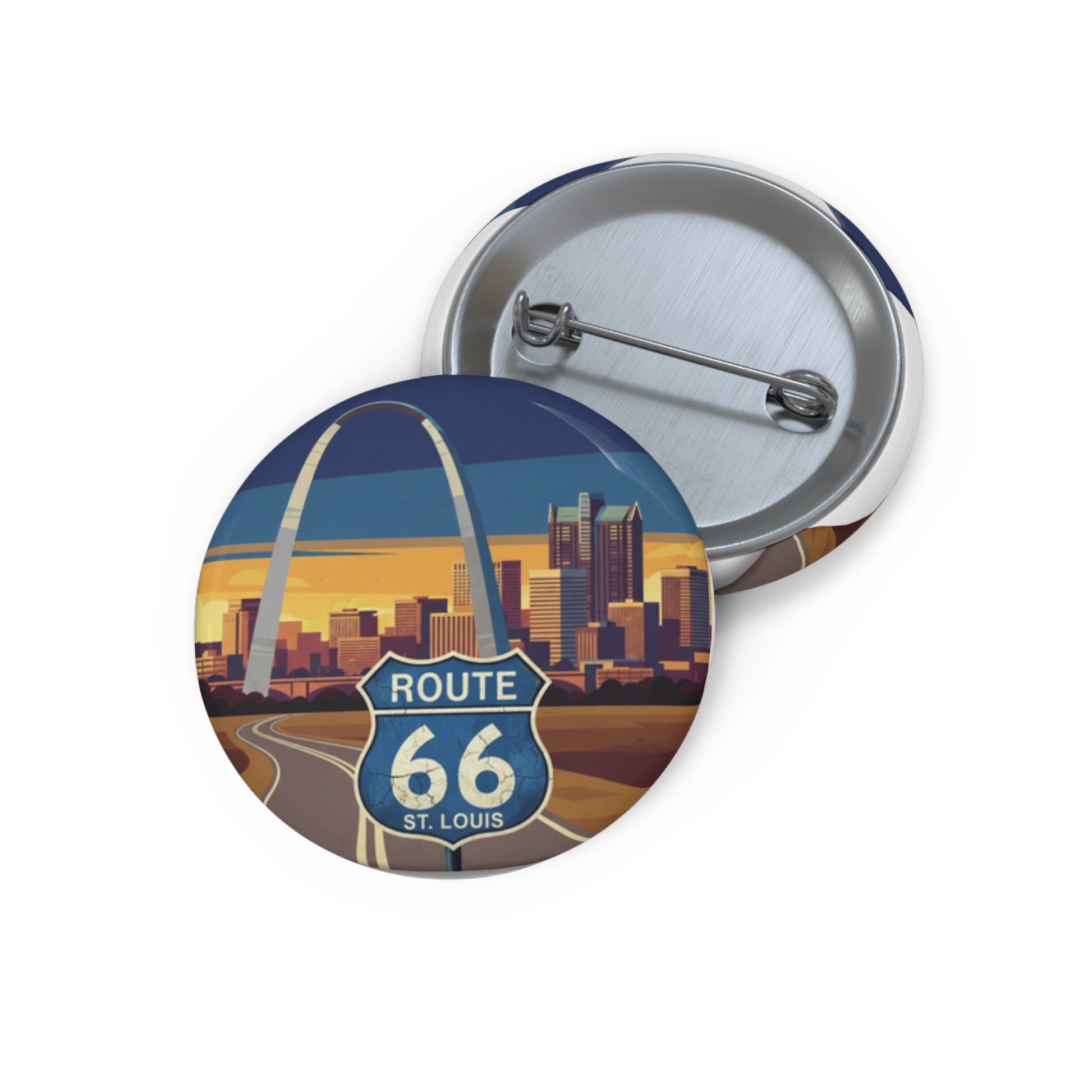 Route 66 St. Louis Gateway to the West pin button with Gateway Arch and city skyline, front and back view