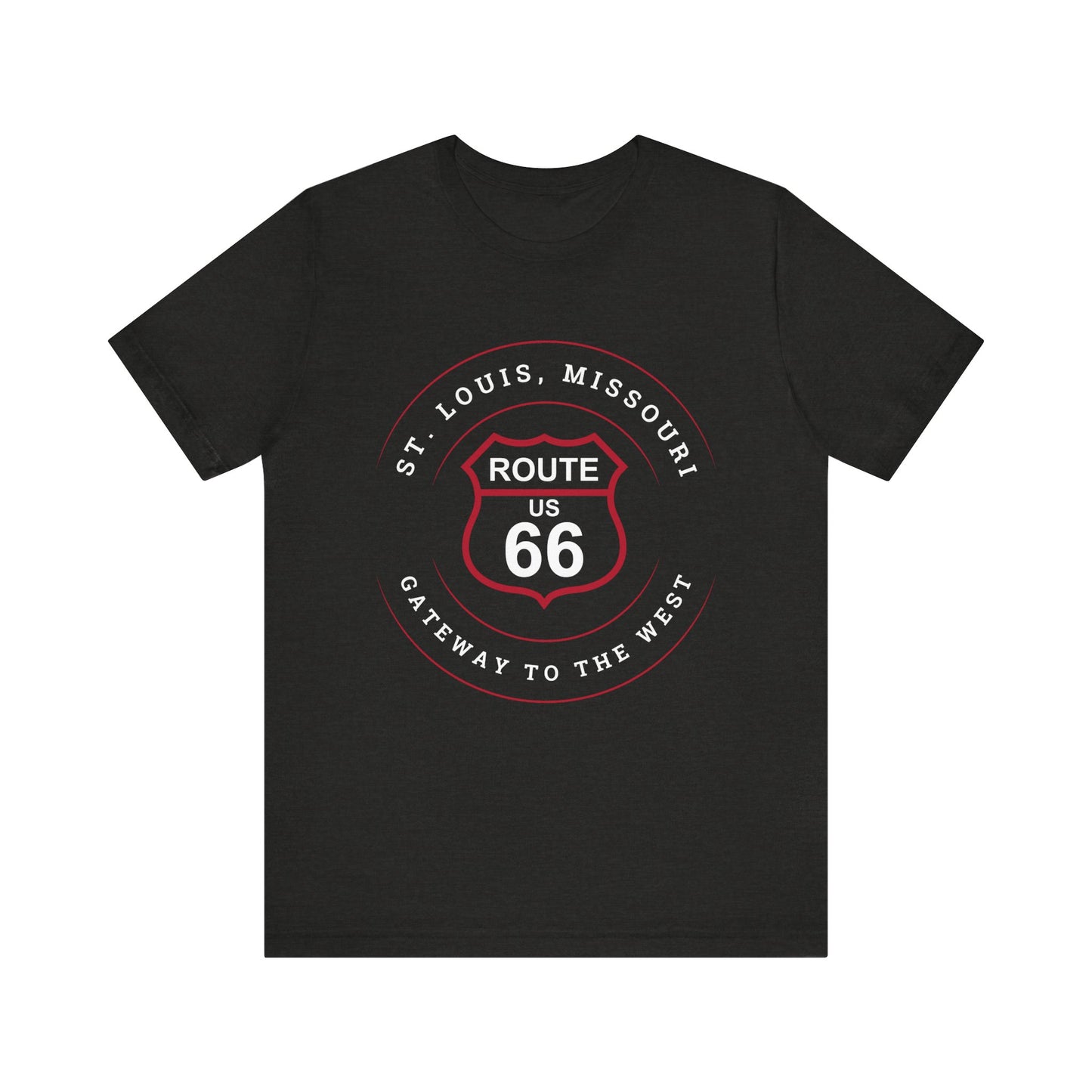 Black heather retro Route 66 unisex jersey tee with St. Louis, MO: "Gateway to the West" design