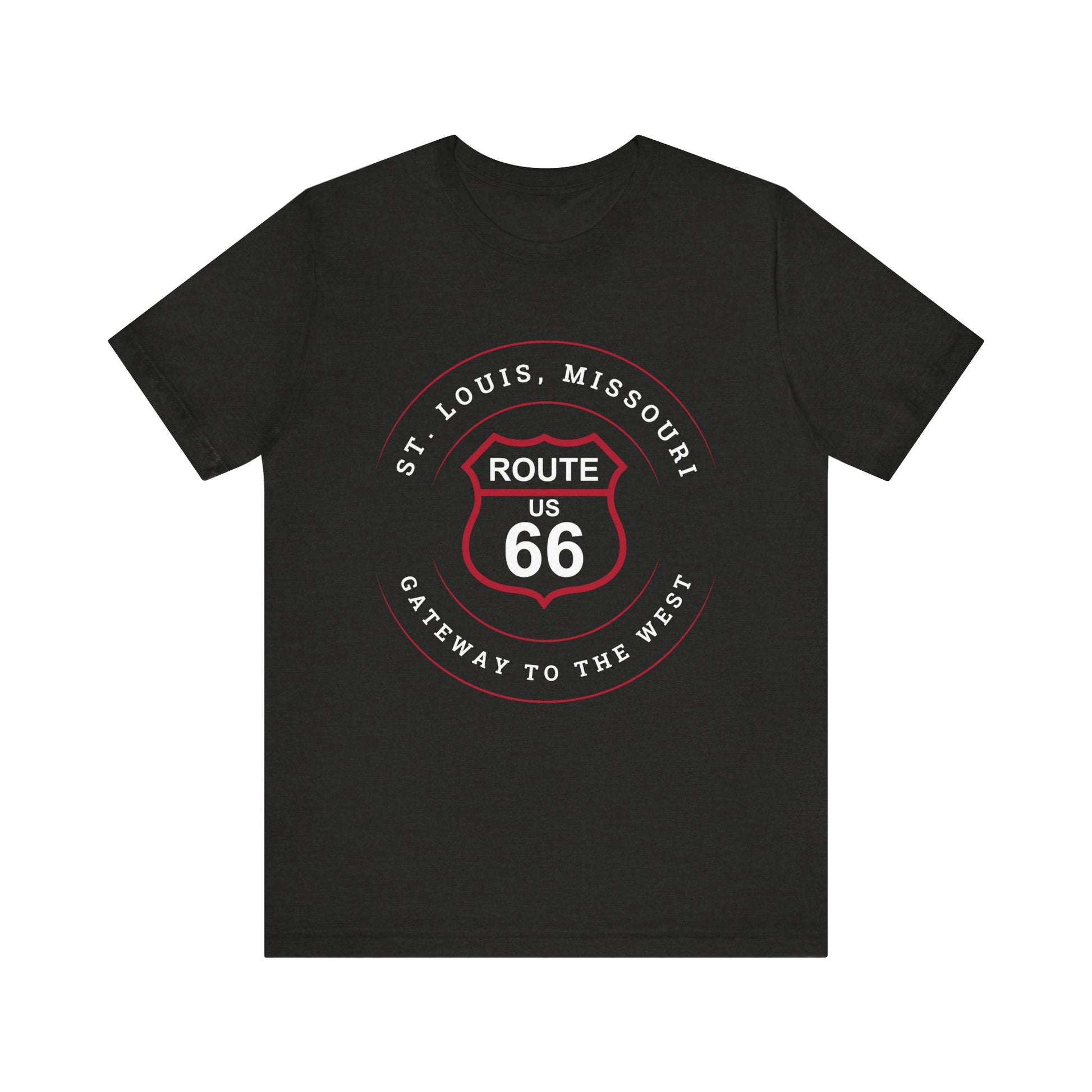 Black heather retro Route 66 unisex jersey tee with St. Louis, MO: "Gateway to the West" design
