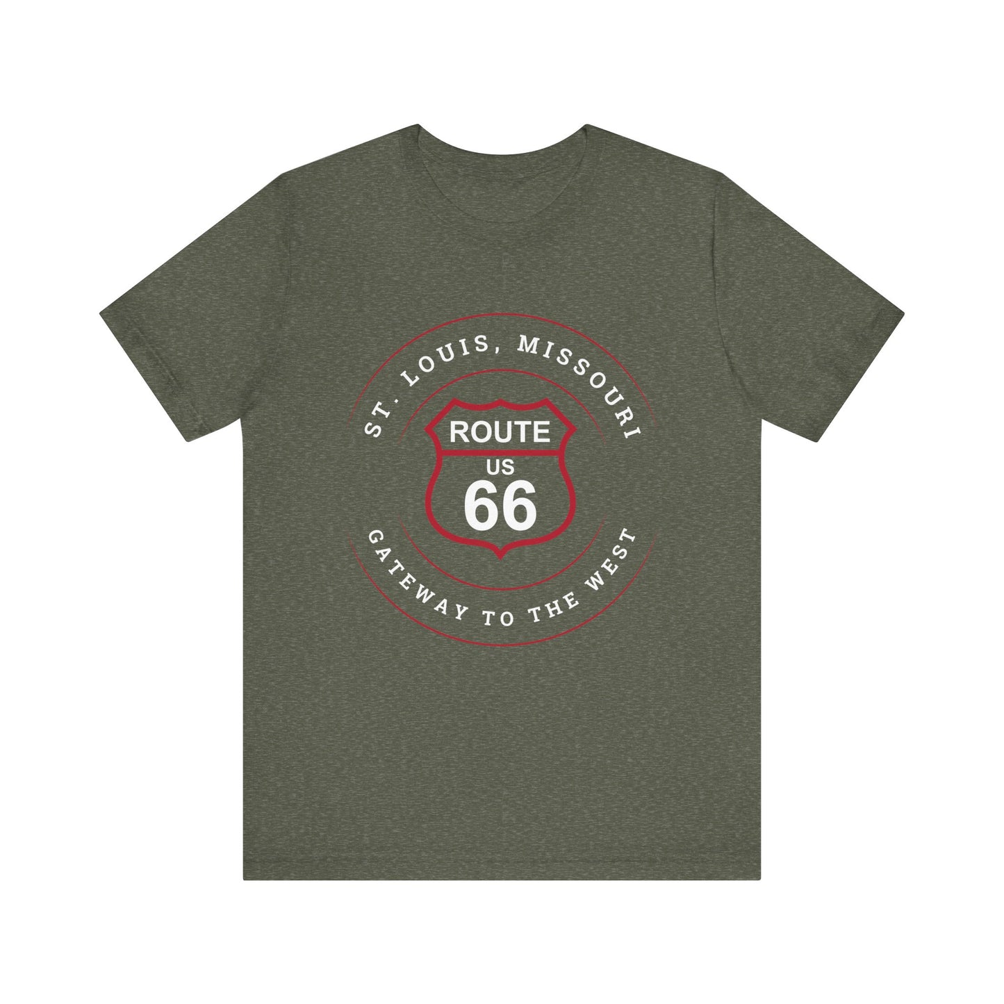 Heather military green retro Route 66 unisex jersey tee with St. Louis, MO: "Gateway to the West" design