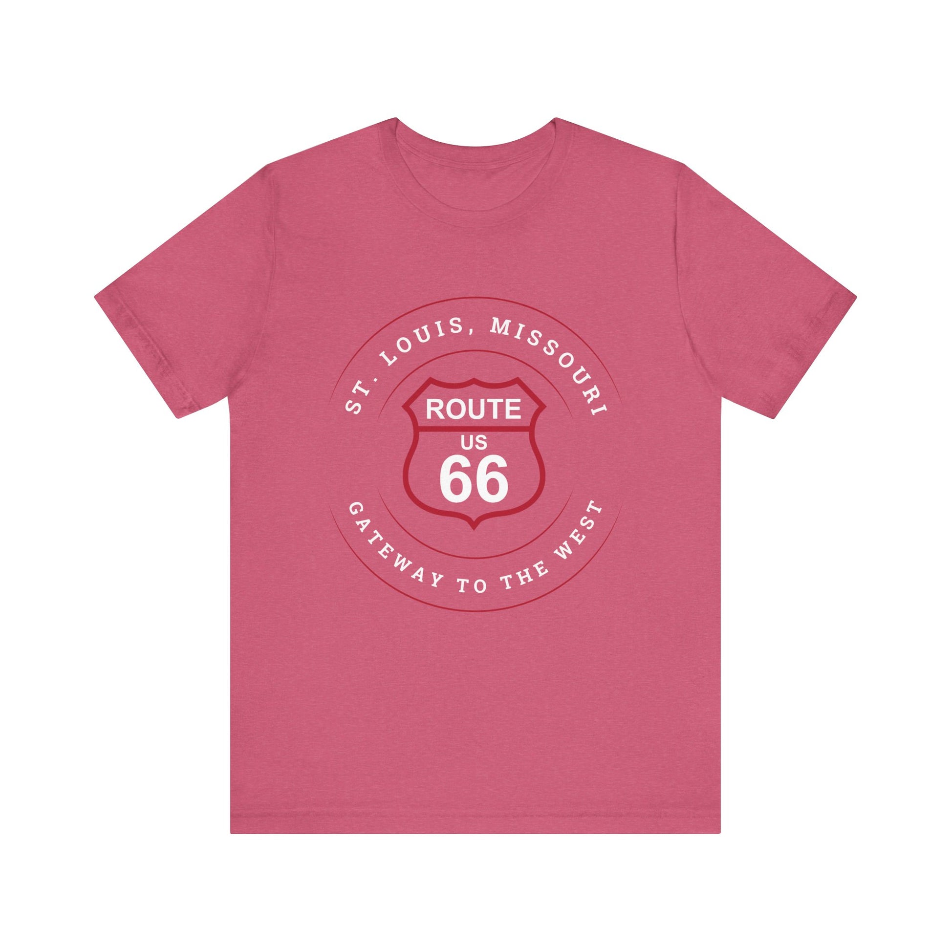 Heather raspberry retro Route 66 unisex jersey tee with St. Louis, MO: "Gateway to the West" design