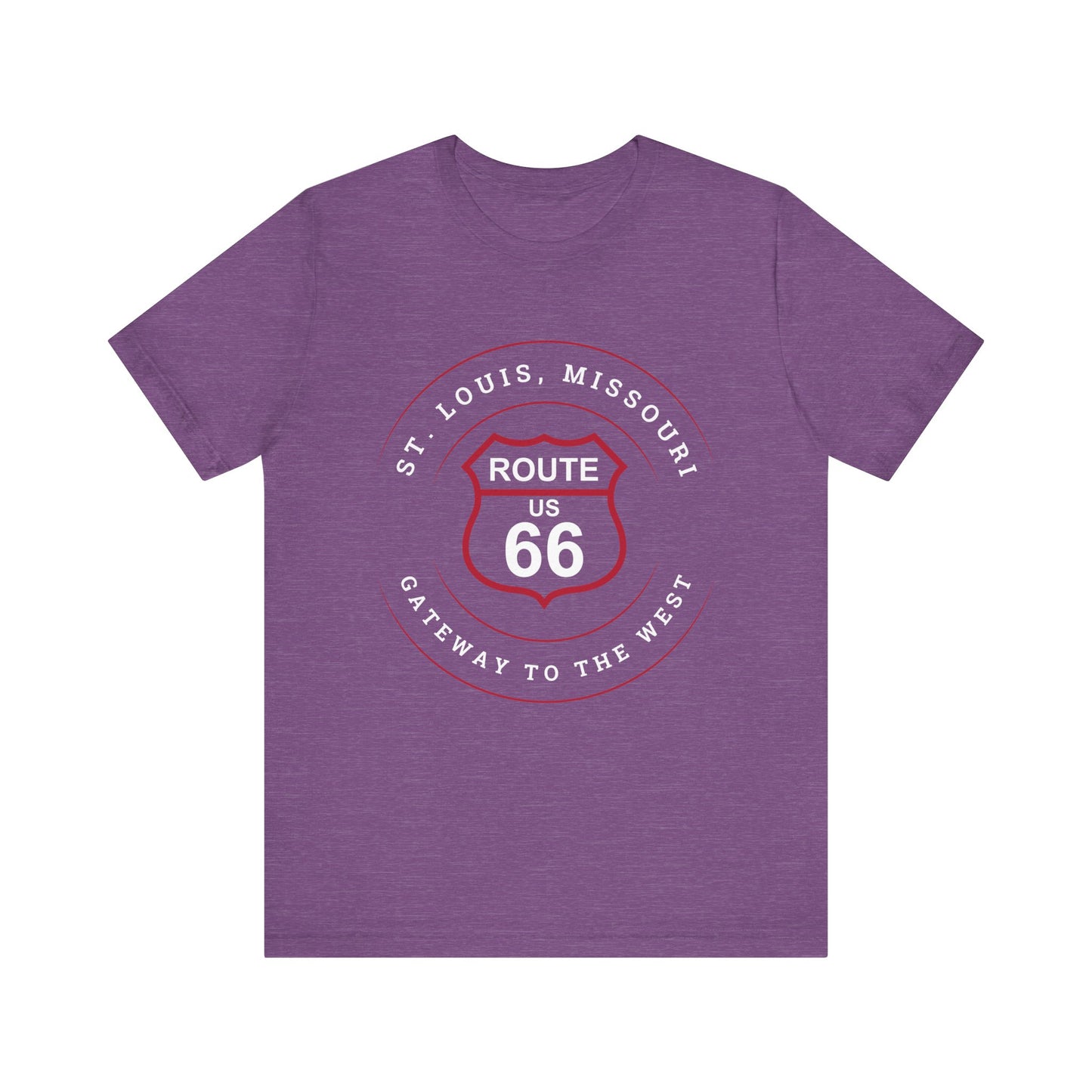 Heather team purple retro Route 66 unisex jersey tee with St. Louis, MO: "Gateway to the West" design