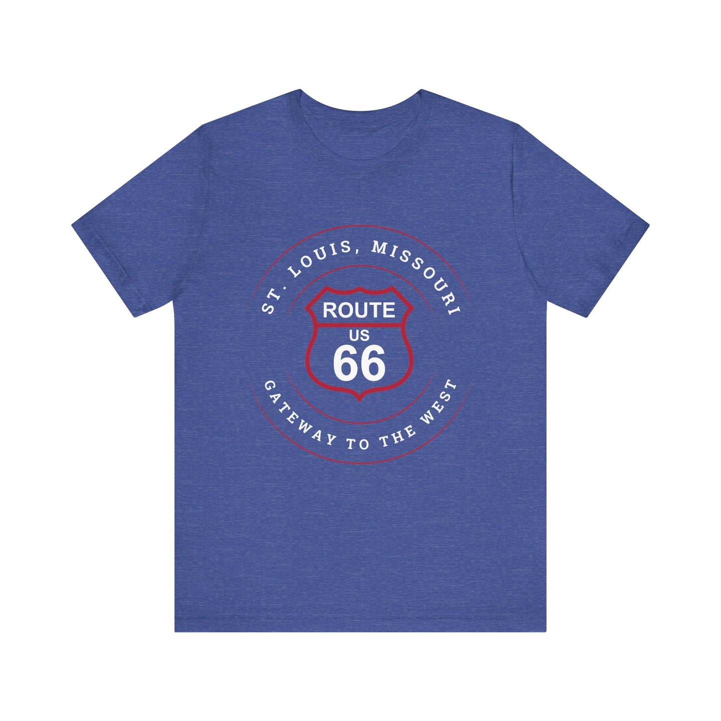 Heather true royal retro Route 66 unisex jersey tee with St. Louis, MO: "Gateway to the West" design
