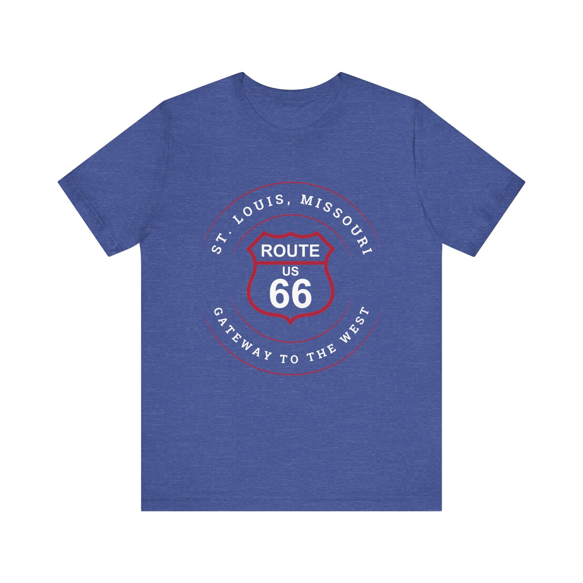 Heather true royal retro Route 66 unisex jersey tee with St. Louis, MO: "Gateway to the West" design