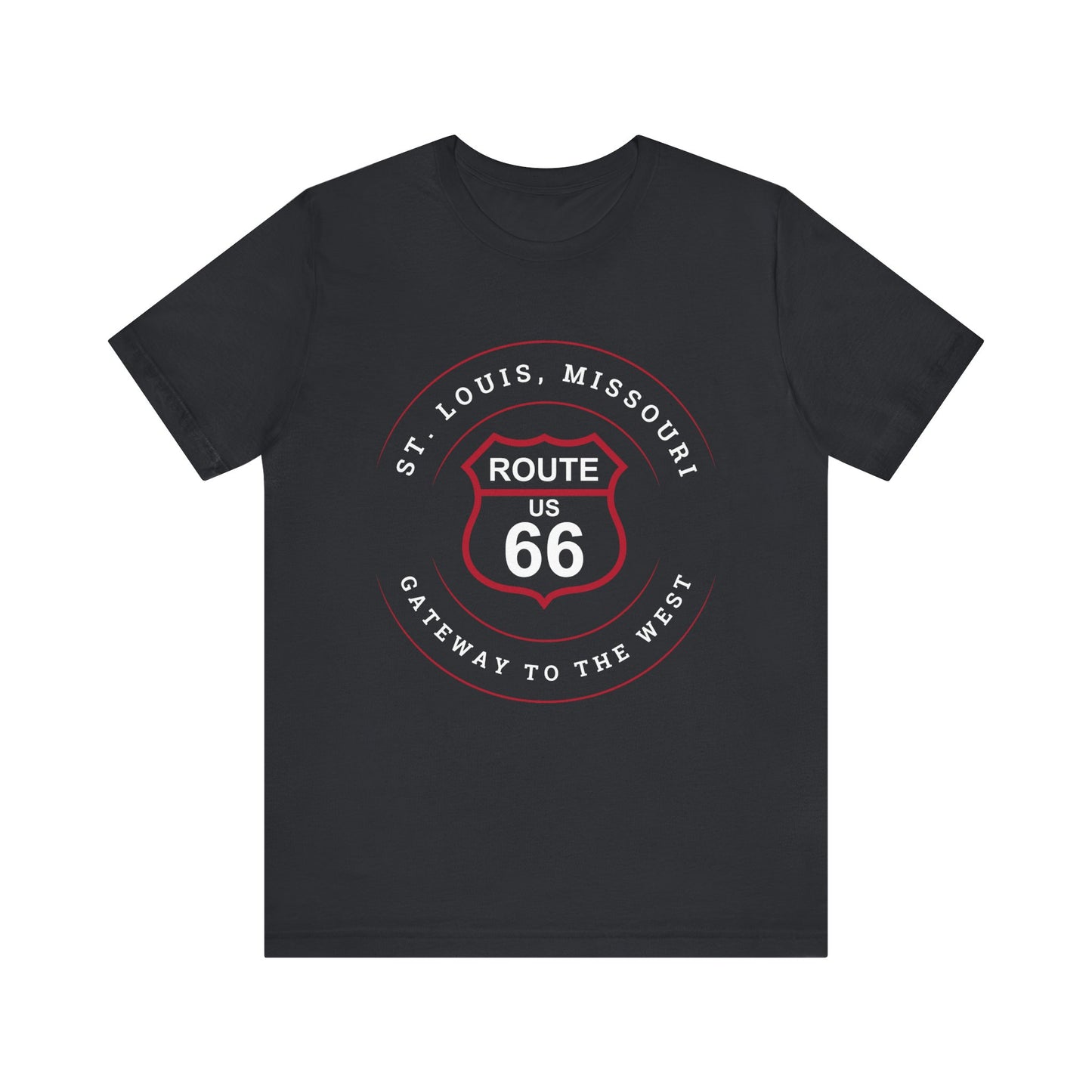 Vintage black retro Route 66 unisex jersey tee with St. Louis, MO: "Gateway to the West" design