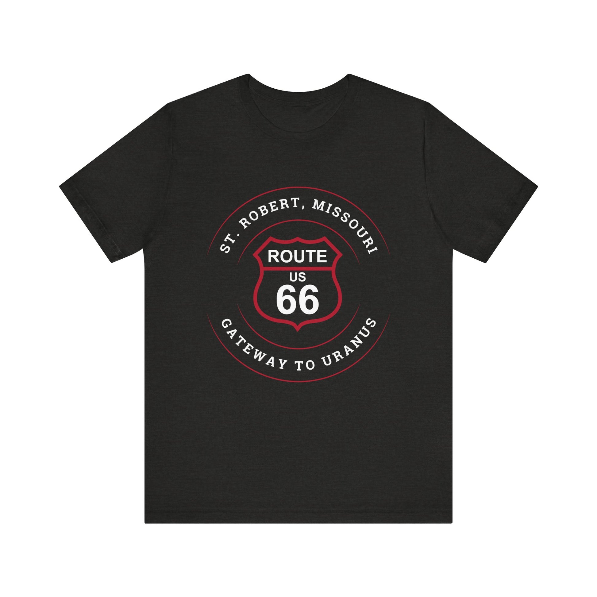 Black heather retro Route 66 unisex jersey tee with St. Robert, MO: "Gateway to Uranus" design