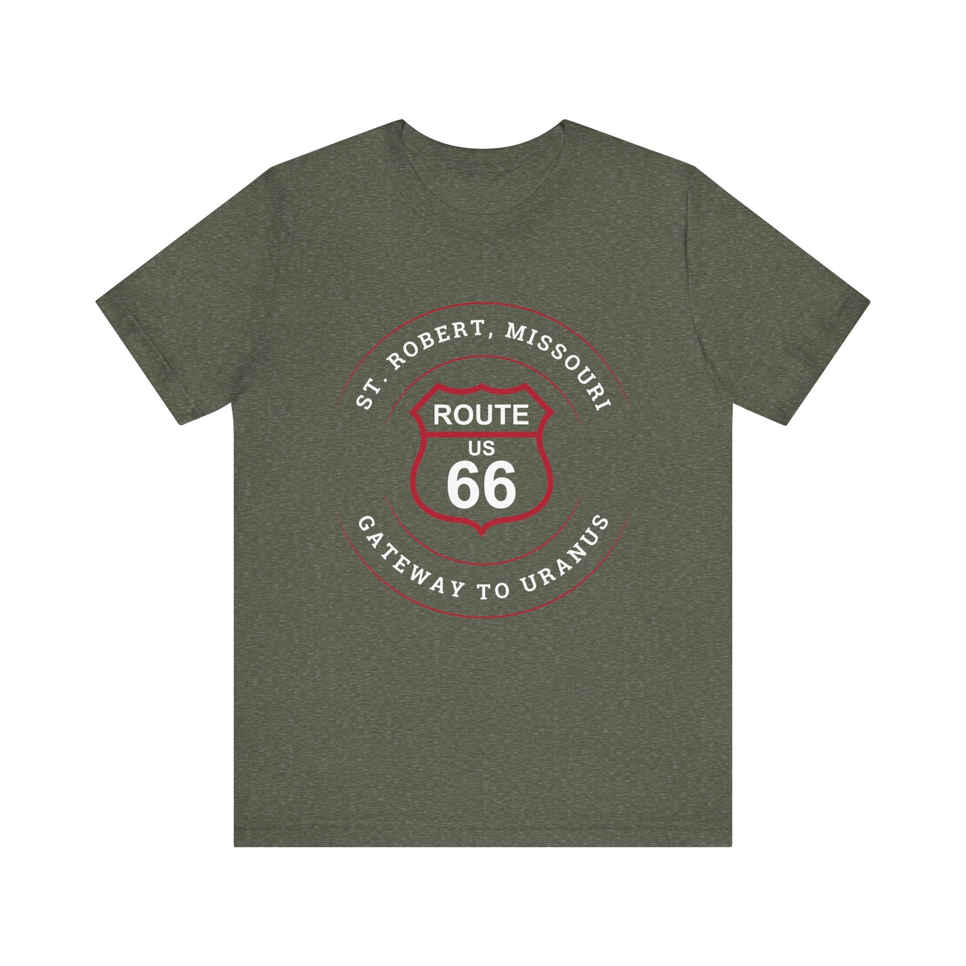 Heather military green retro Route 66 unisex jersey tee with St. Robert, MO: "Gateway to Uranus" design