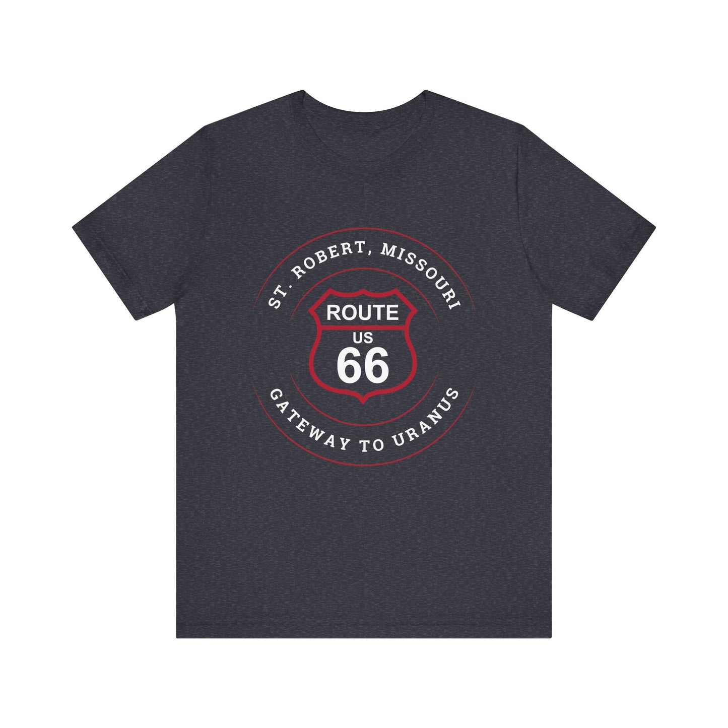 Heather navy retro Route 66 unisex jersey tee with St. Robert, MO: "Gateway to Uranus" design