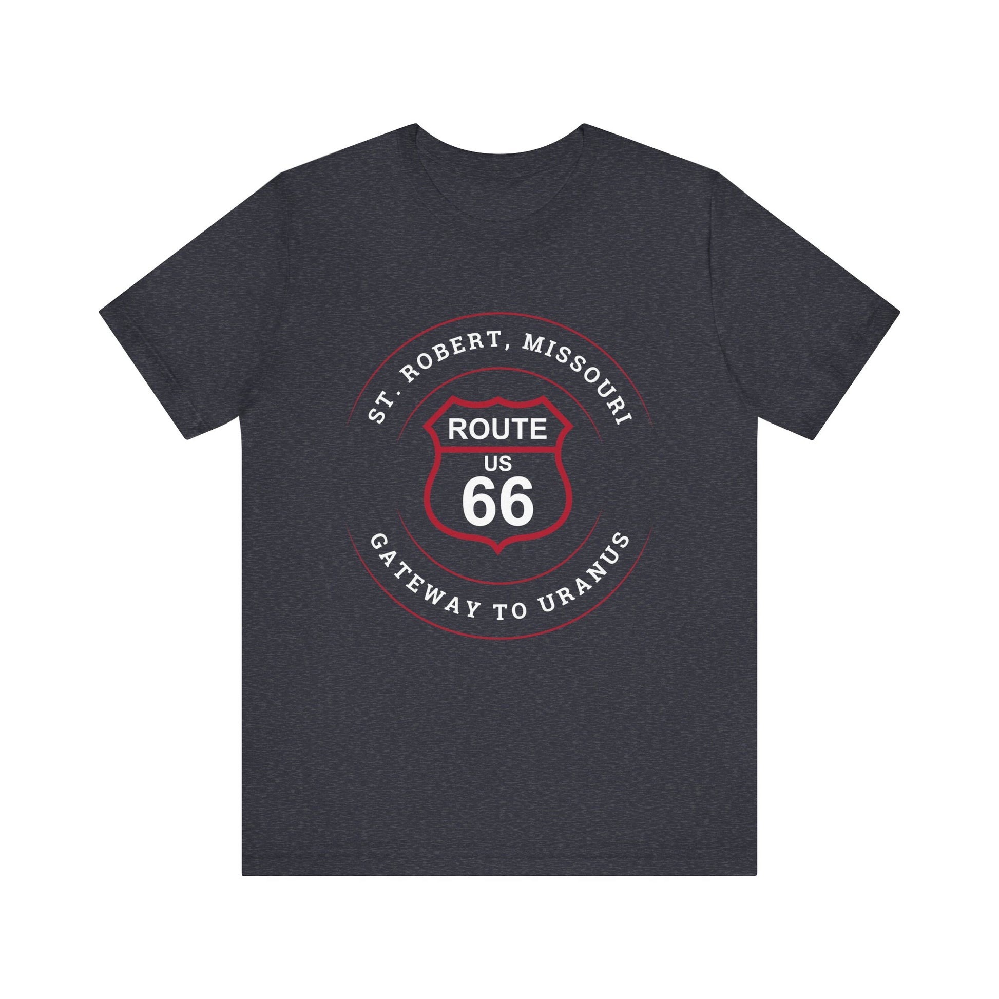 Heather navy retro Route 66 unisex jersey tee with St. Robert, MO: "Gateway to Uranus" design