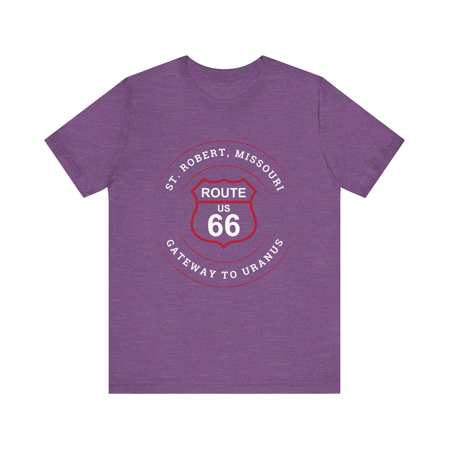 Heather team purple retro Route 66 unisex jersey tee with St. Robert, MO: "Gateway to Uranus" design