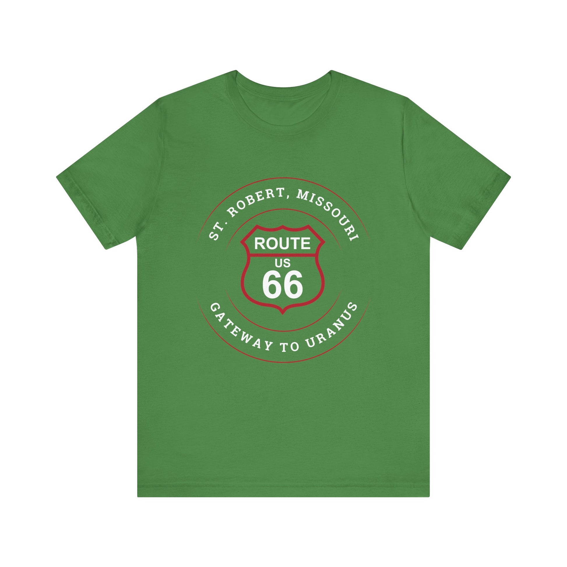 Leaf retro Route 66 unisex jersey tee with St. Robert, MO: "Gateway to Uranus" design