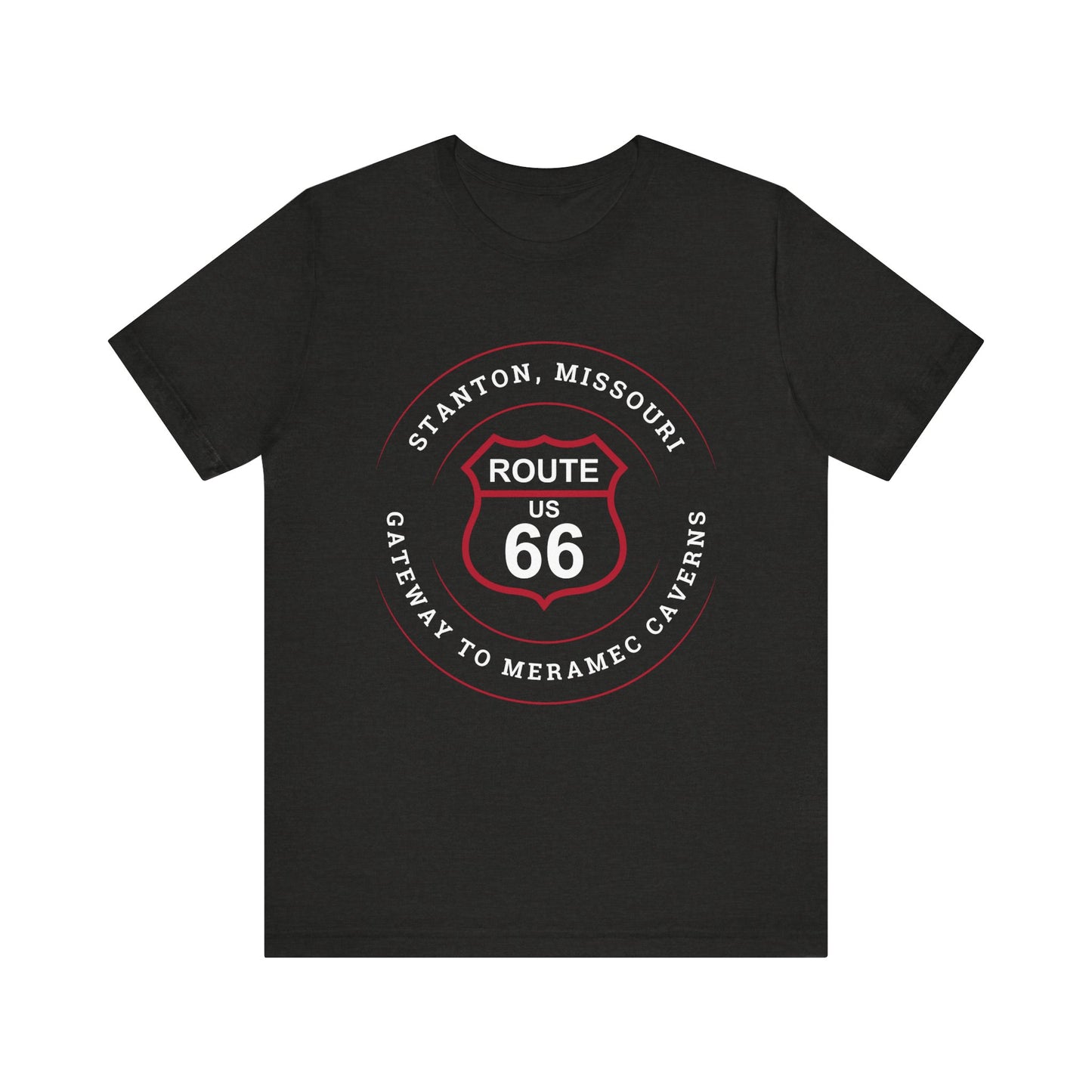 Black heather retro Route 66 unisex jersey tee with Stanton, MO: "Gateway to Meramec Caverns" design
