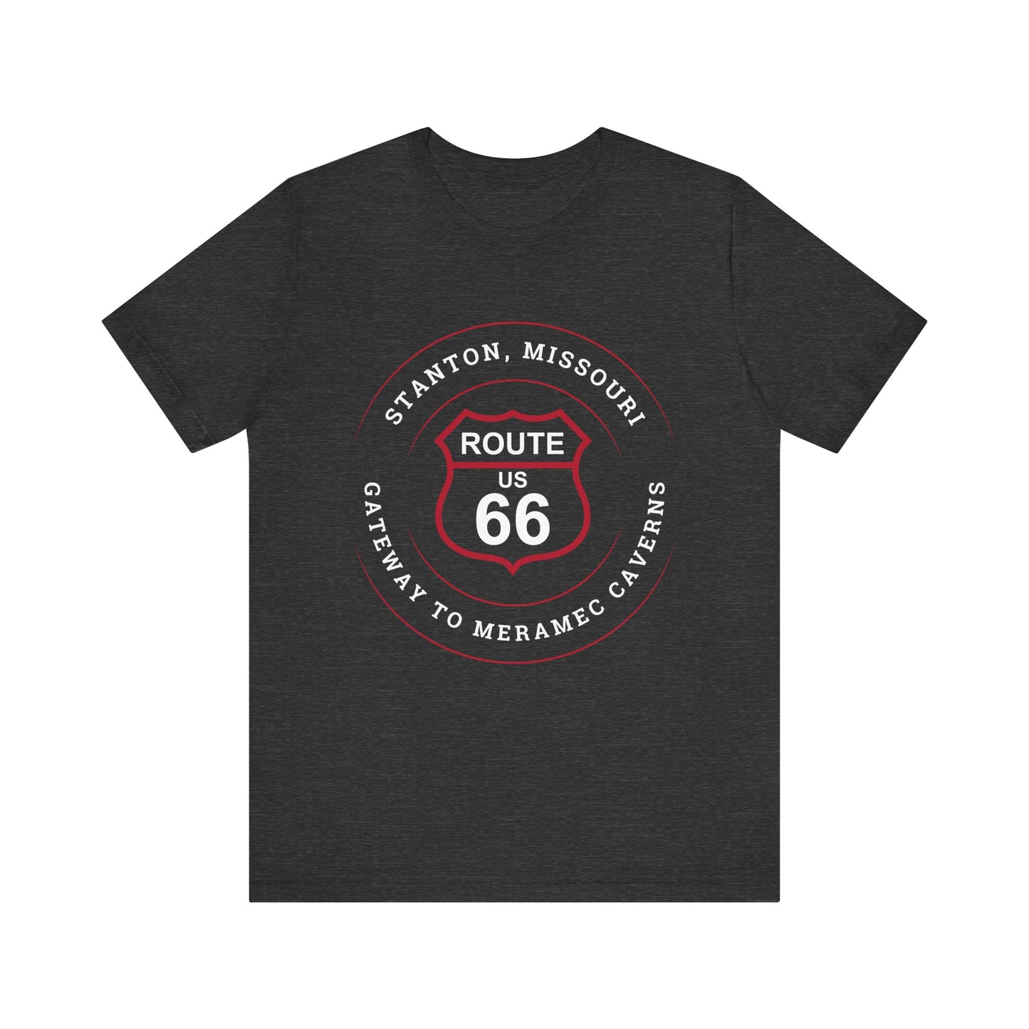 Dark grey heather retro Route 66 unisex jersey tee with Stanton, MO: "Gateway to Meramec Caverns" design