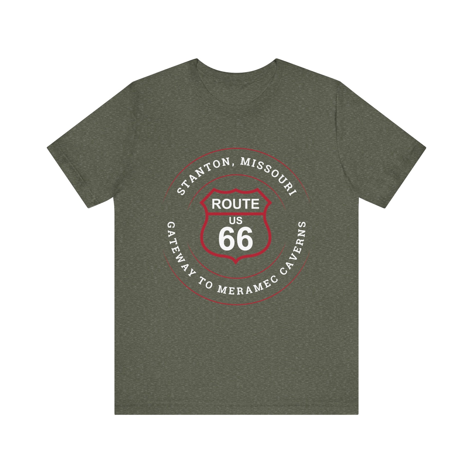 Heather military green retro Route 66 unisex jersey tee with Stanton, MO: "Gateway to Meramec Caverns" design