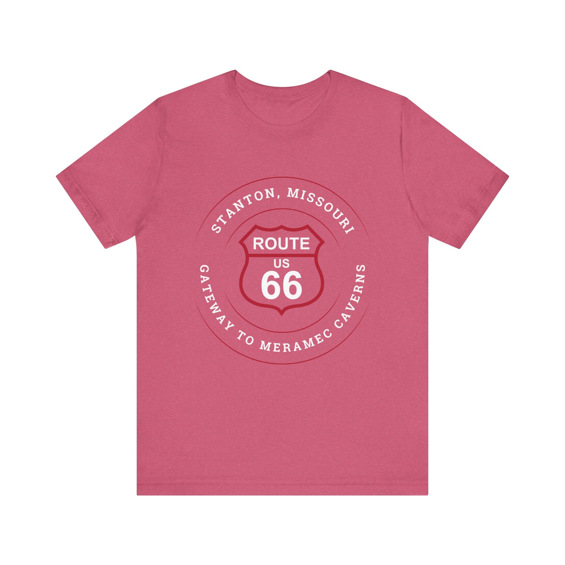 Heather raspberry retro Route 66 unisex jersey tee with Stanton, MO: "Gateway to Meramec Caverns" design
