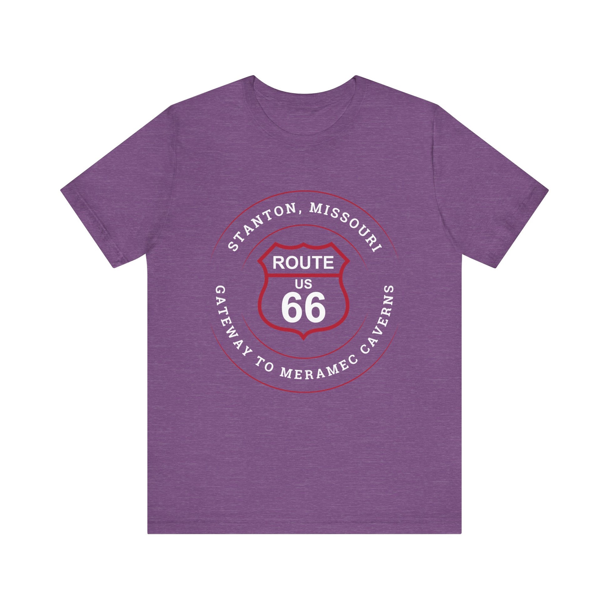 Heather team purple retro Route 66 unisex jersey tee with Stanton, MO: "Gateway to Meramec Caverns" design