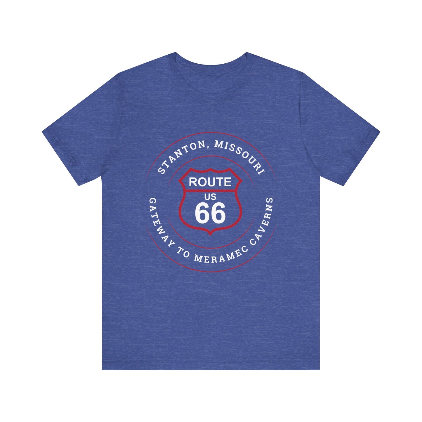 Heather true royal retro Route 66 unisex jersey tee with Stanton, MO: "Gateway to Meramec Caverns" design