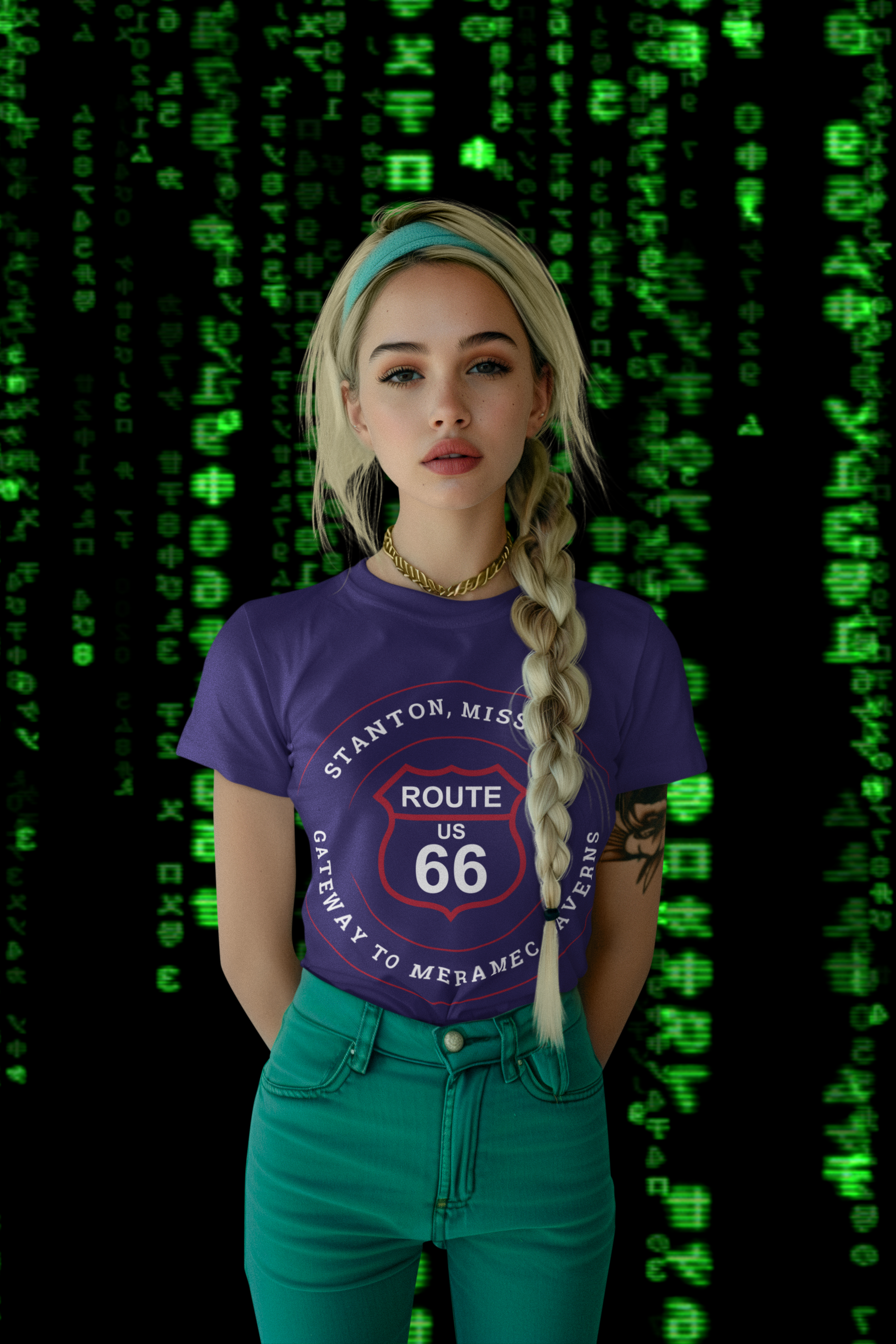 Female model wearing a team navy retro Route 66 unisex jersey tee with a Stanton, MO: "Gateway to Meramec Caverns" design