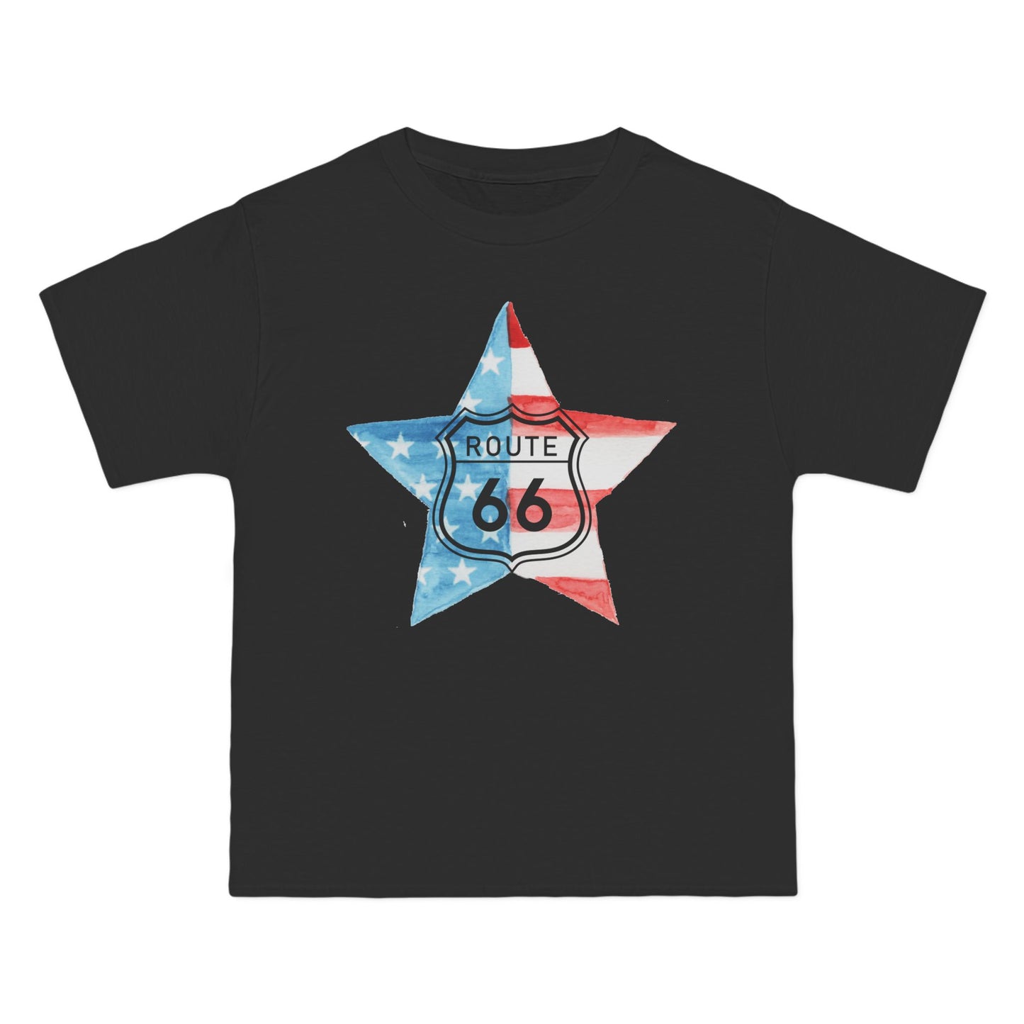 A unisex black tee laid flat against a white background. The graphic displays  a star shaped US flag with a black Route 66 shield inside.