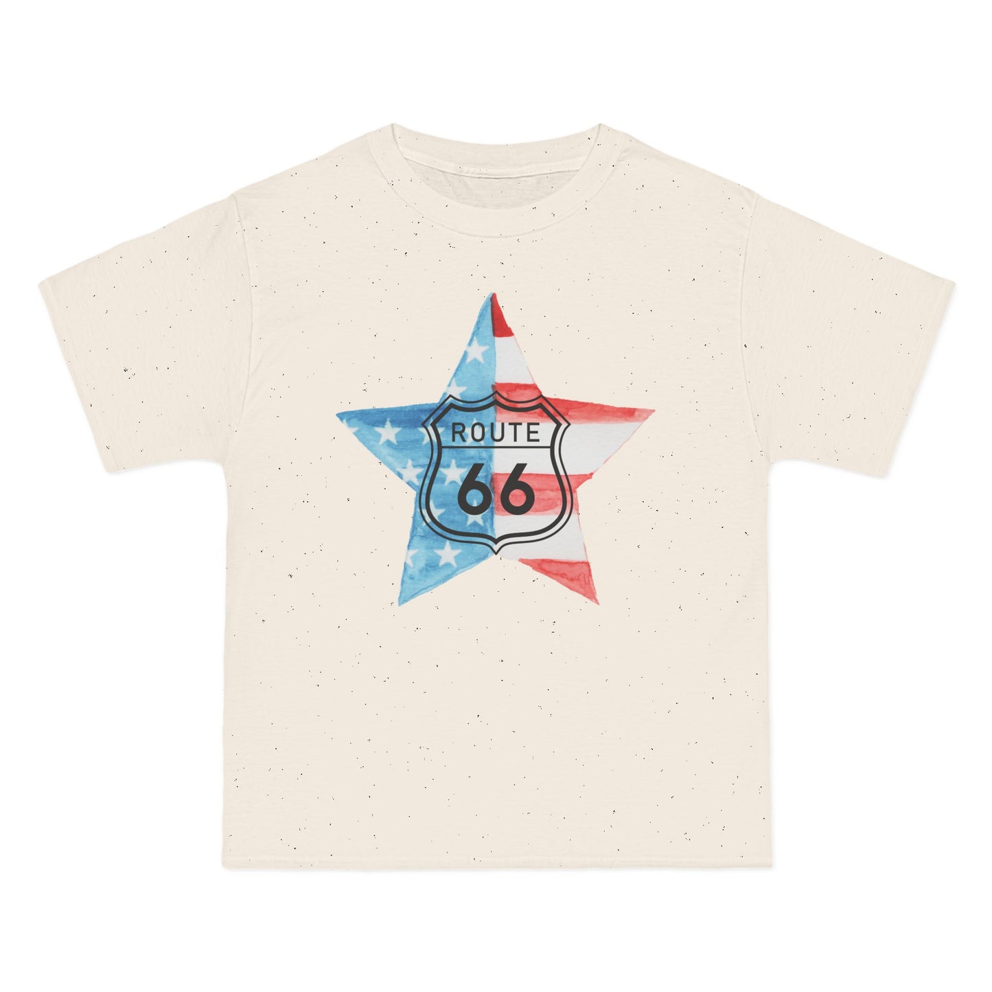 A unisex natural tee laid flat against a white background. The graphic displays  a star shaped US flag with a black Route 66 shield inside.