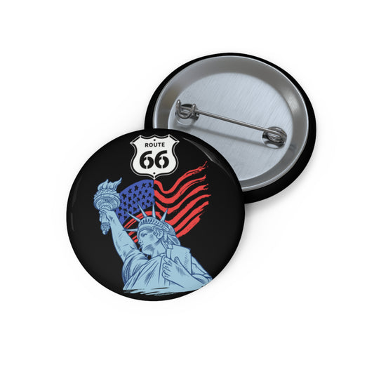 Front and back view of Route 66 Statue of Liberty pin button with American flag design and Route 66 shield.