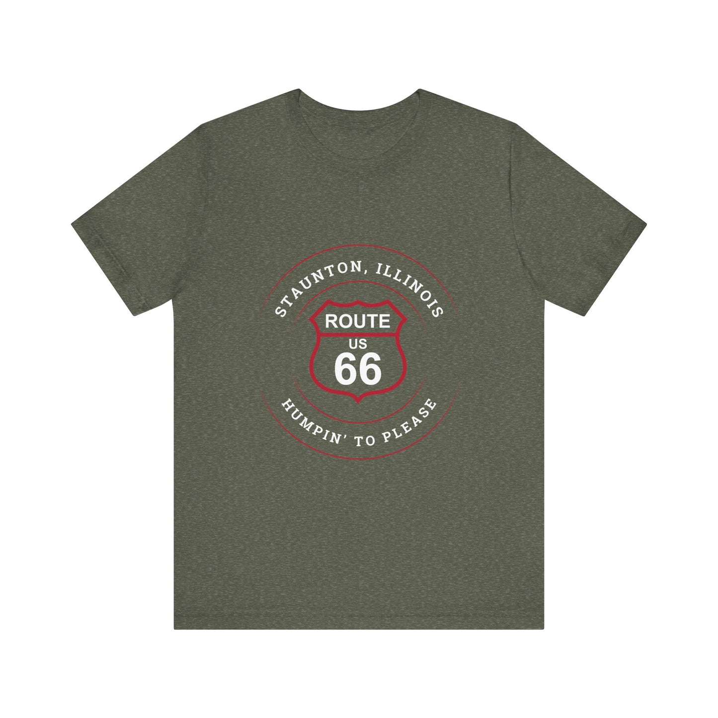 Heather military green retro Route 66 unisex jersey tee with Staunton, IL:: "Humpin' to Please" design