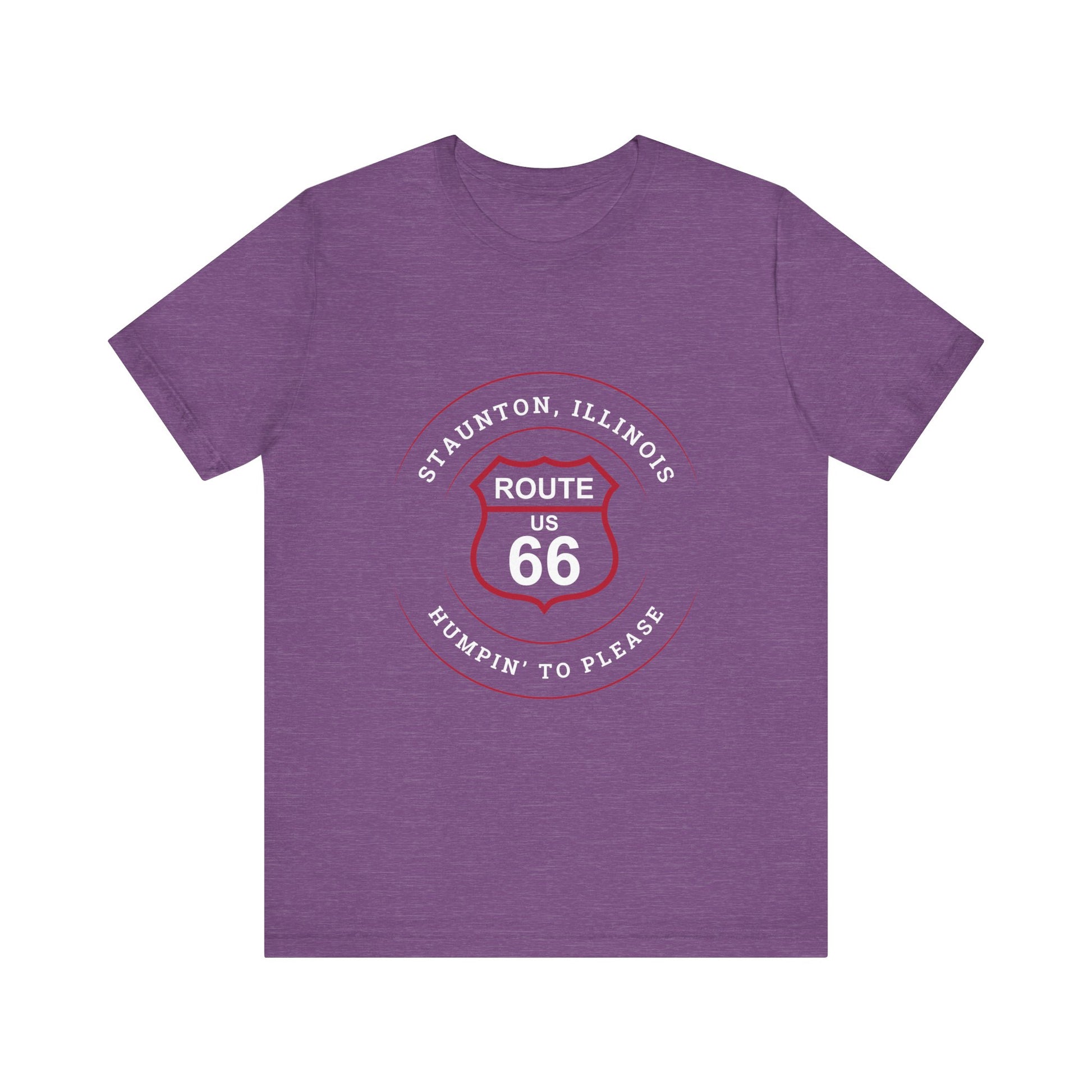 Heather team purple retro Route 66 unisex jersey tee with Staunton, IL:: "Humpin' to Please" design