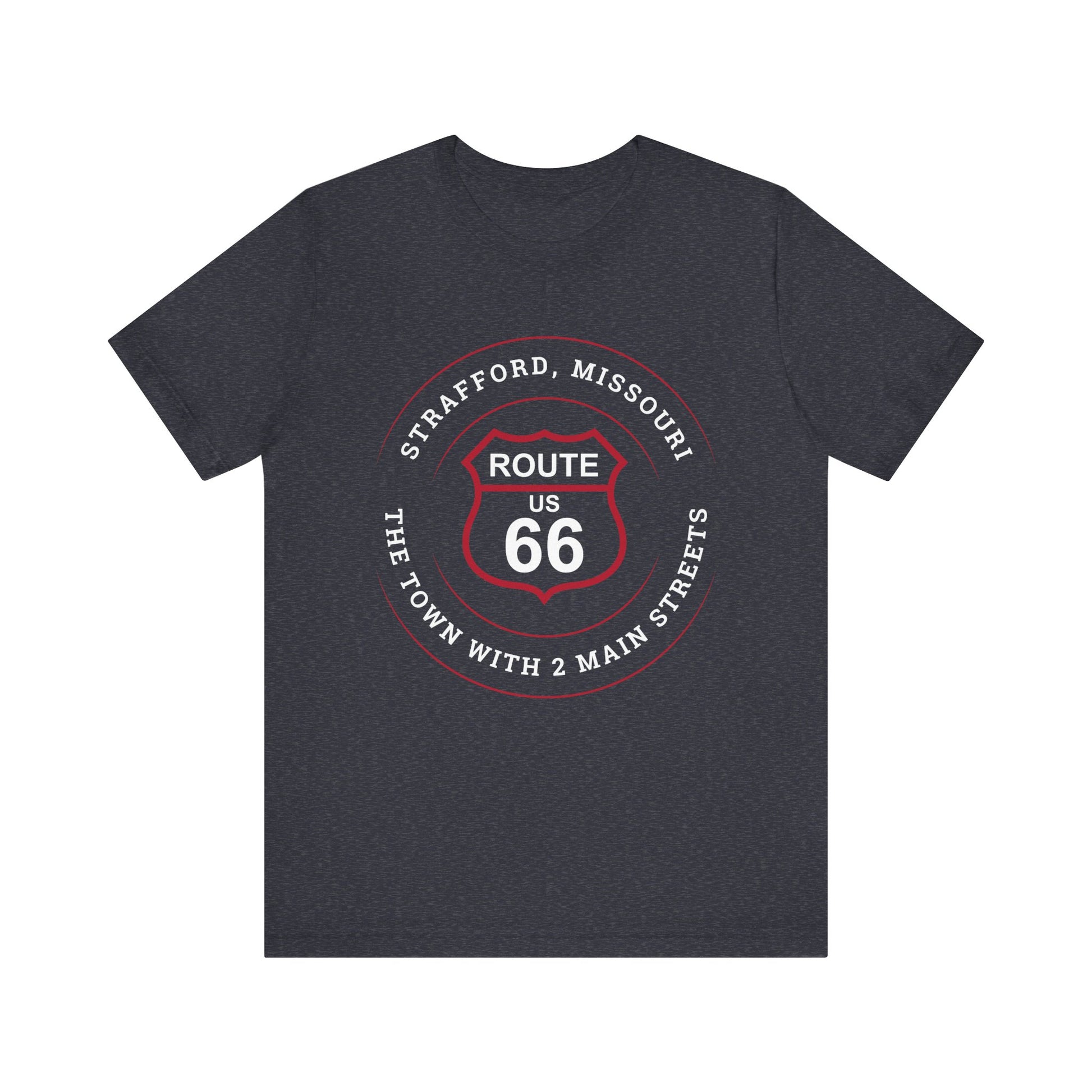 Heather navy retro Route 66 unisex jersey tee with Strafford, MO "The Town With 2 Main Streets" design