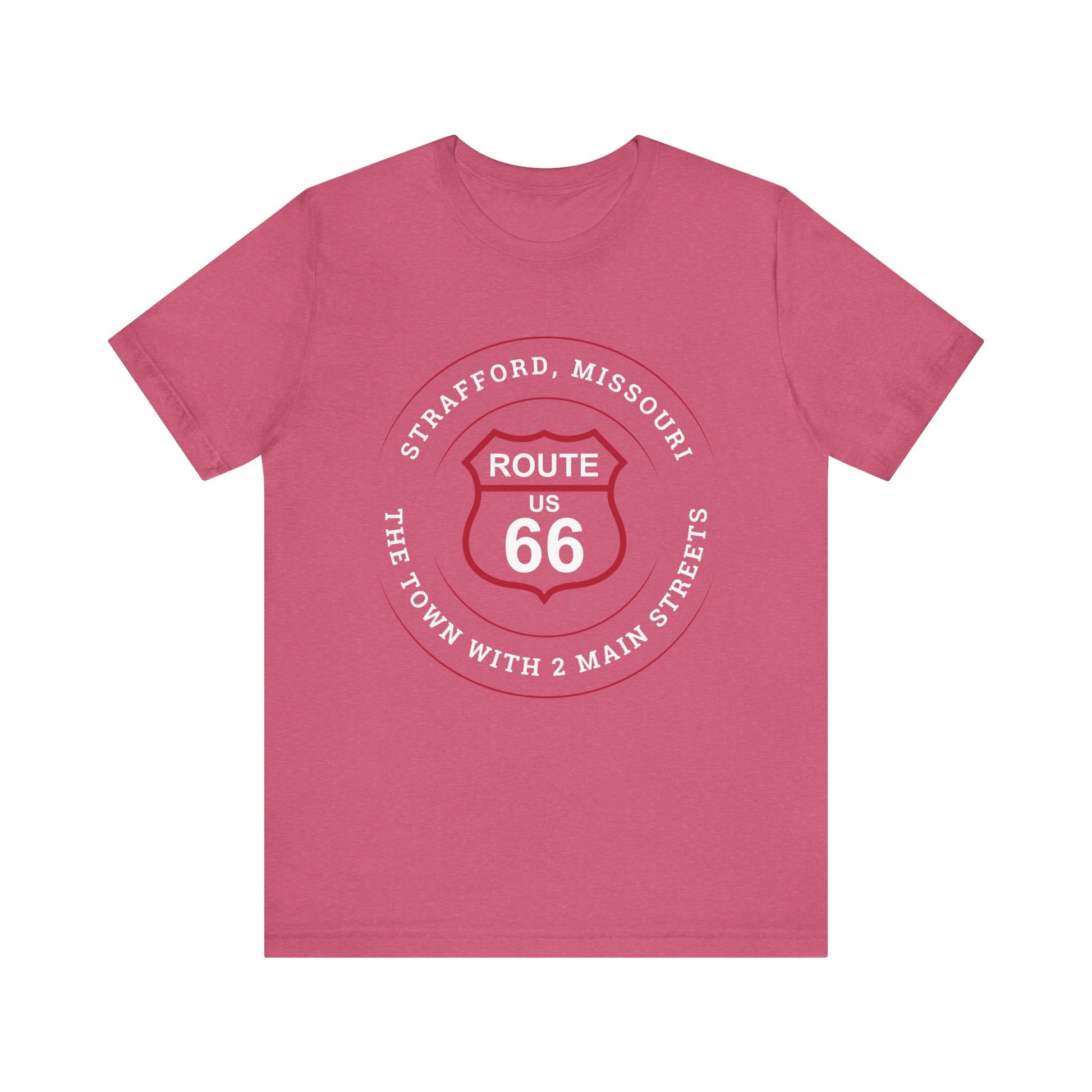 Heather raspberry retro Route 66 unisex jersey tee with Strafford, MO "The Town With 2 Main Streets" design