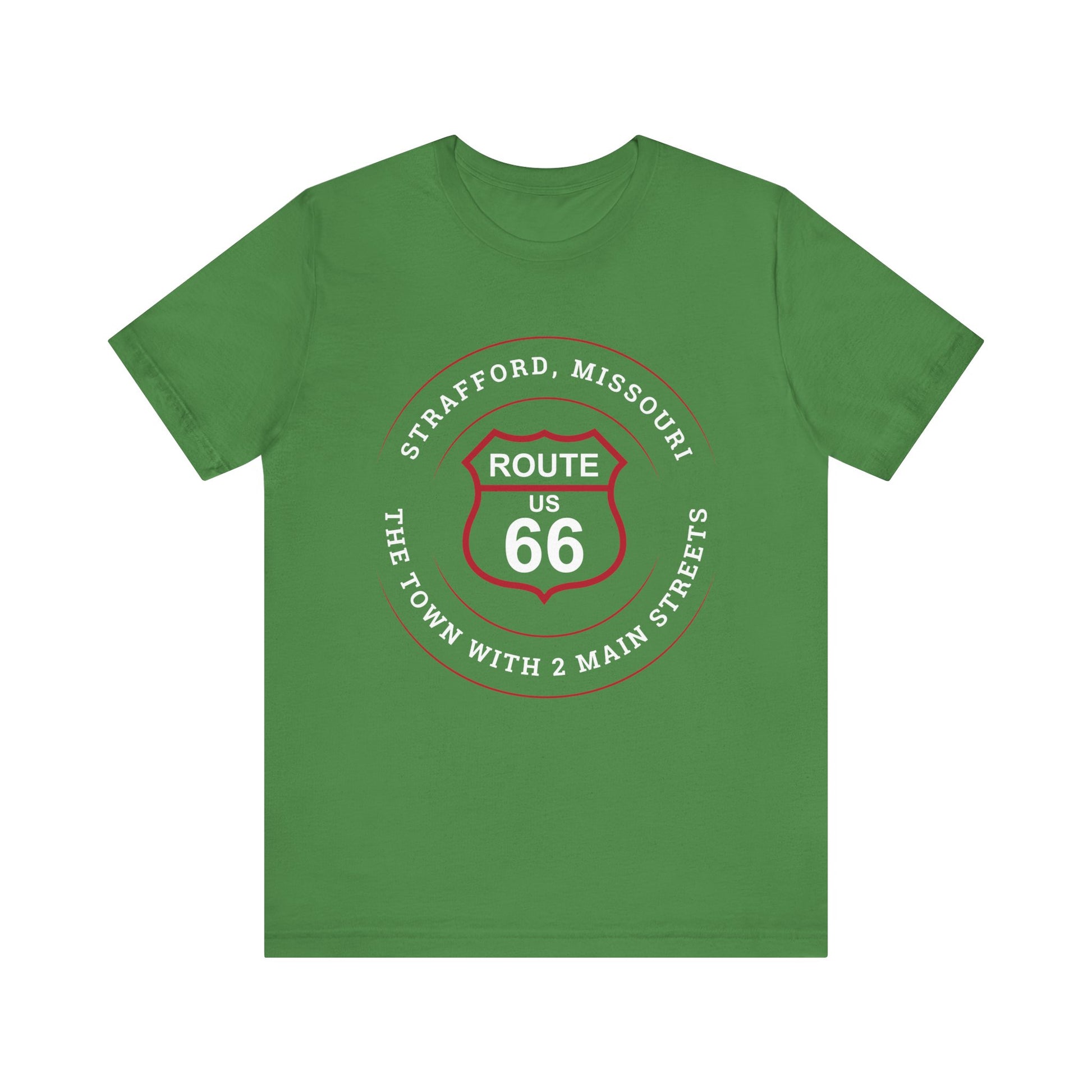 Leaf retro Route 66 unisex jersey tee with Strafford, MO "The Town With 2 Main Streets" design