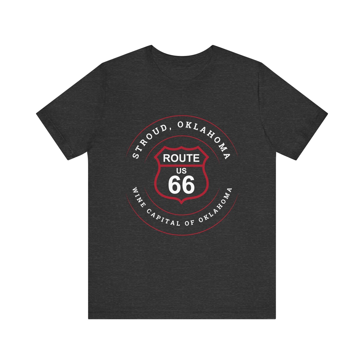 Dark grey heather retro Route 66 unisex jersey tee with Stroud, OK "Wine Capital of Oklahoma" design