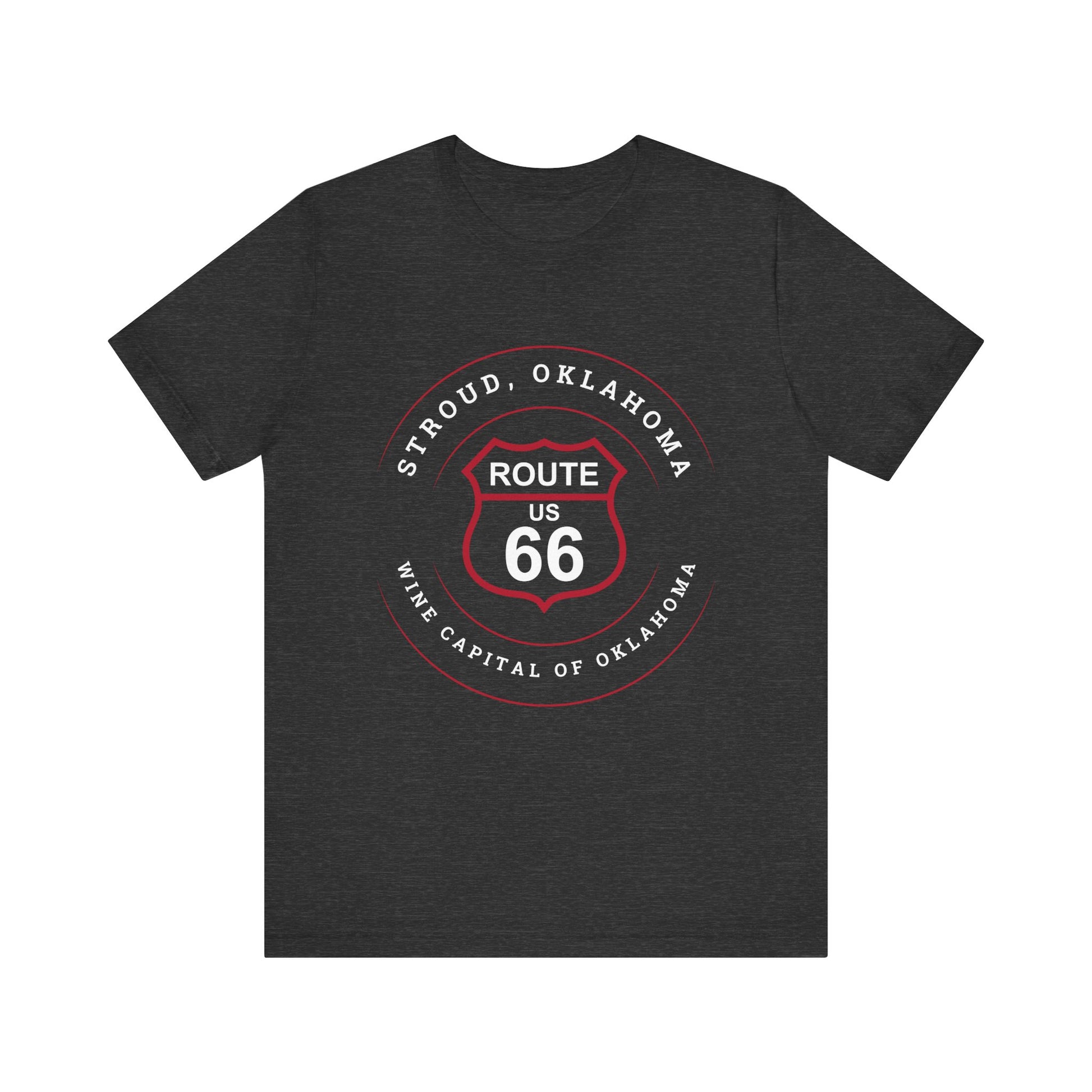 Dark grey heather retro Route 66 unisex jersey tee with Stroud, OK "Wine Capital of Oklahoma" design