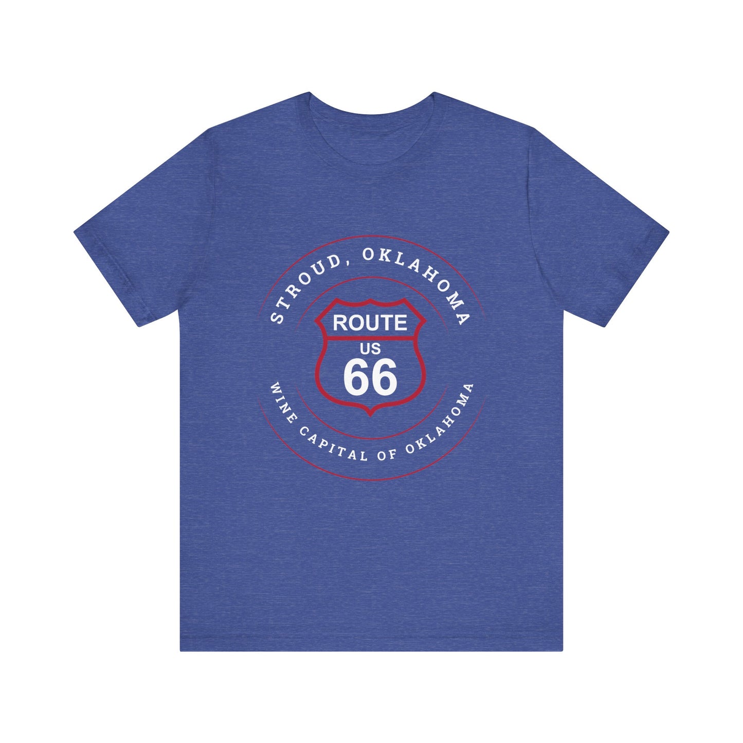 Heather true royal retro Route 66 unisex jersey tee with Stroud, OK "Wine Capital of Oklahoma" design