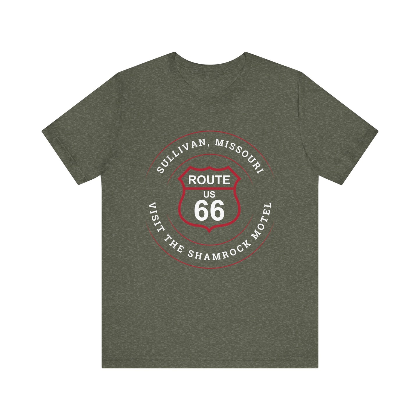 Heather military green retro Route 66 unisex jersey tee with Sullivan, MO: "Visit the Shamrock Motel" design