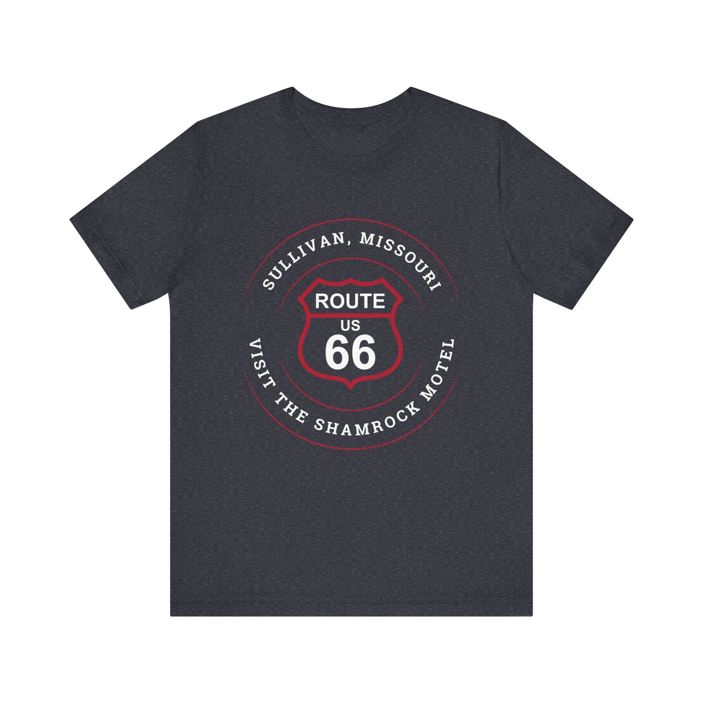 Heather navy retro Route 66 unisex jersey tee with Sullivan, MO: "Visit the Shamrock Motel" design